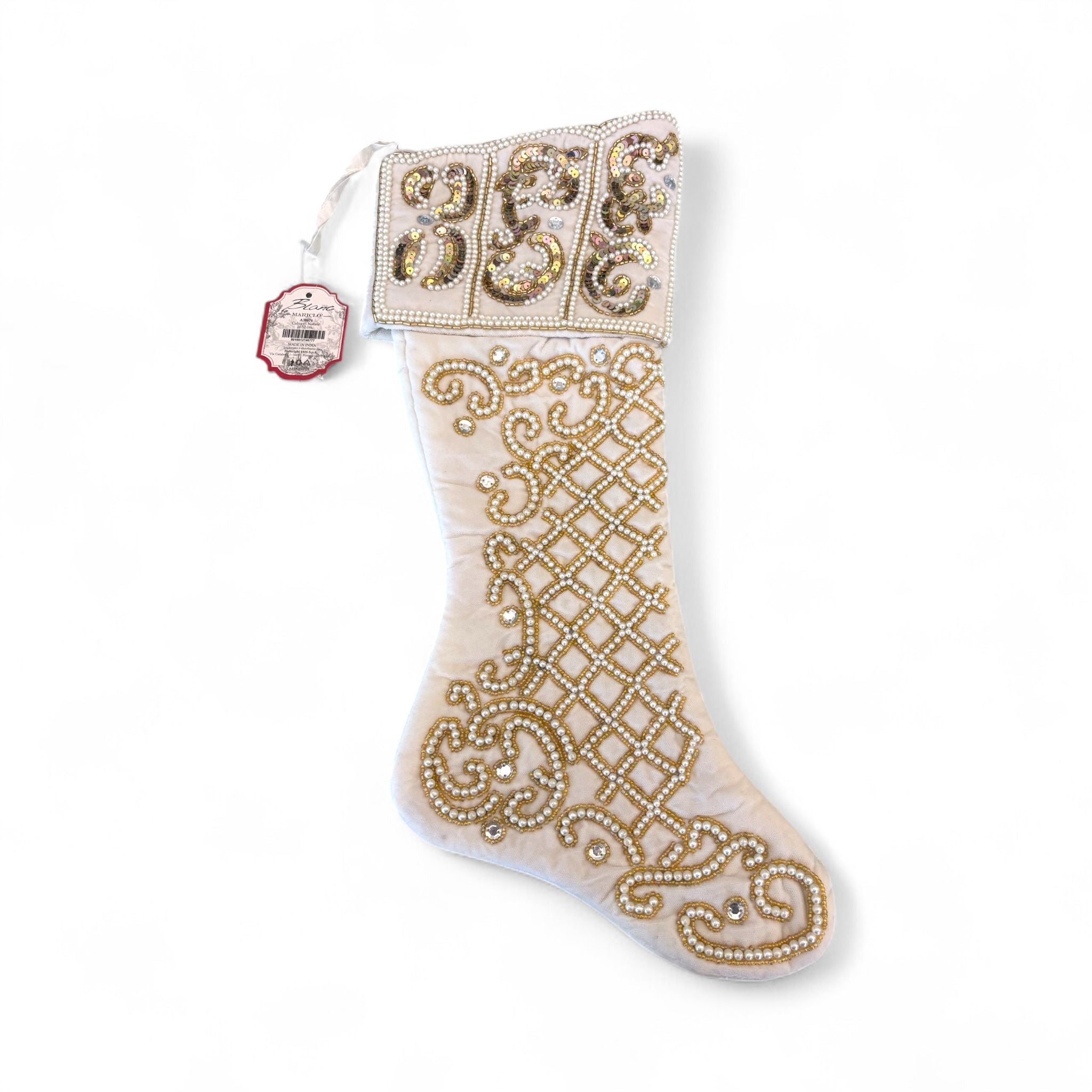 Calza Natalizia in Velluto Bianco con Perle e Paillettes Oro - Blanc Mariclò