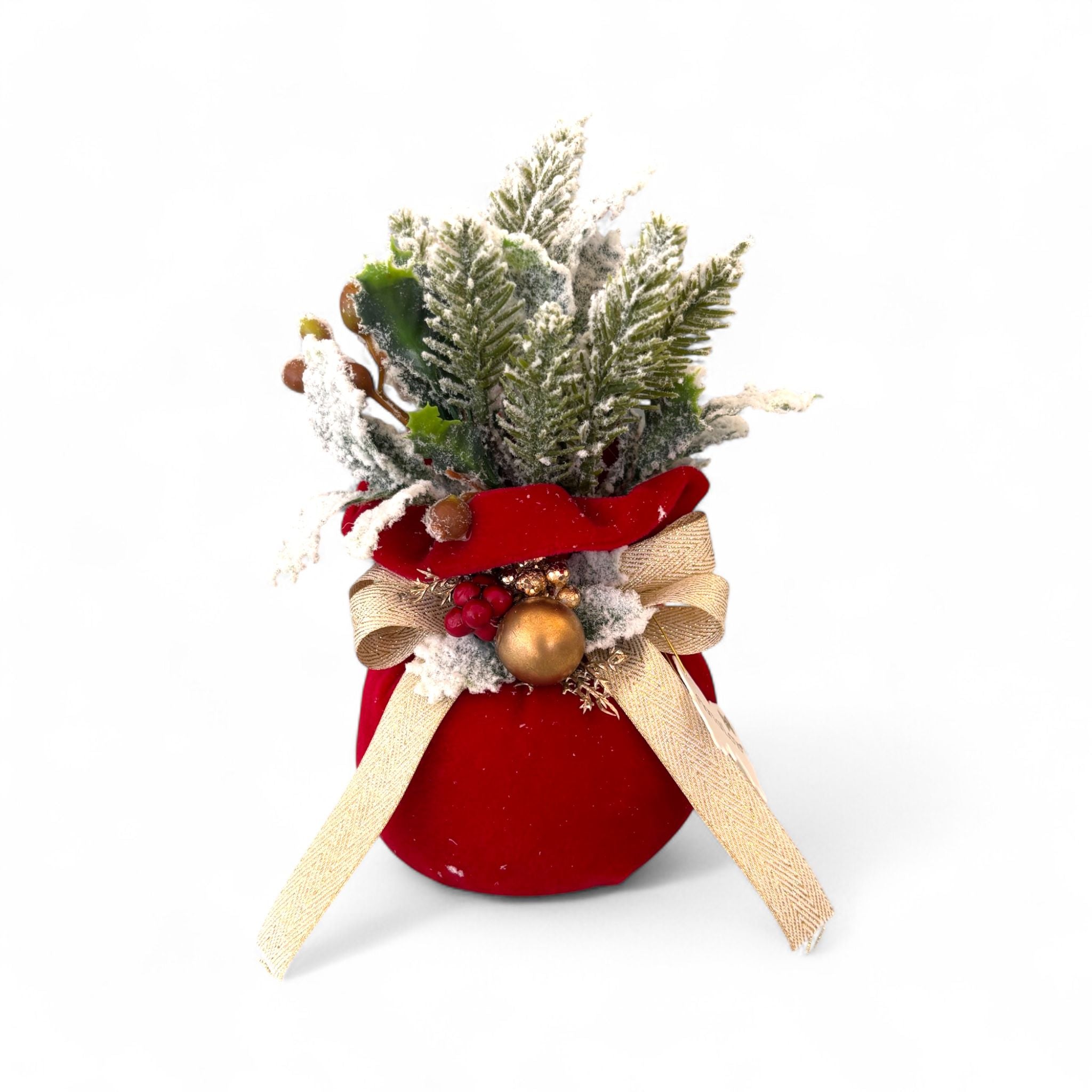 Pouf in Velluto Rosso con Alberello Innevato e Fiocco 22 h cm - Fiori di Lena