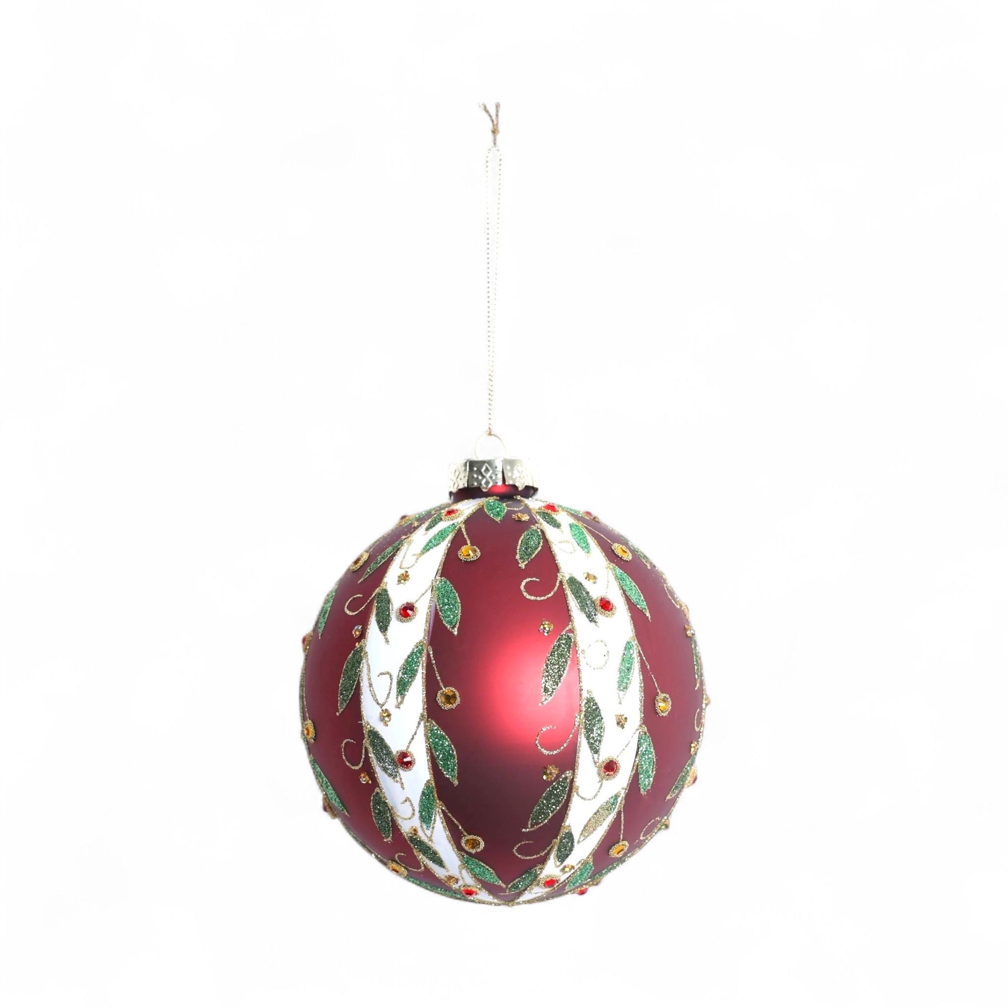 Sfera in Vetro Rosso e Verde con Disegni di Agrifoglio Ø12 cm - Fiori di Lena