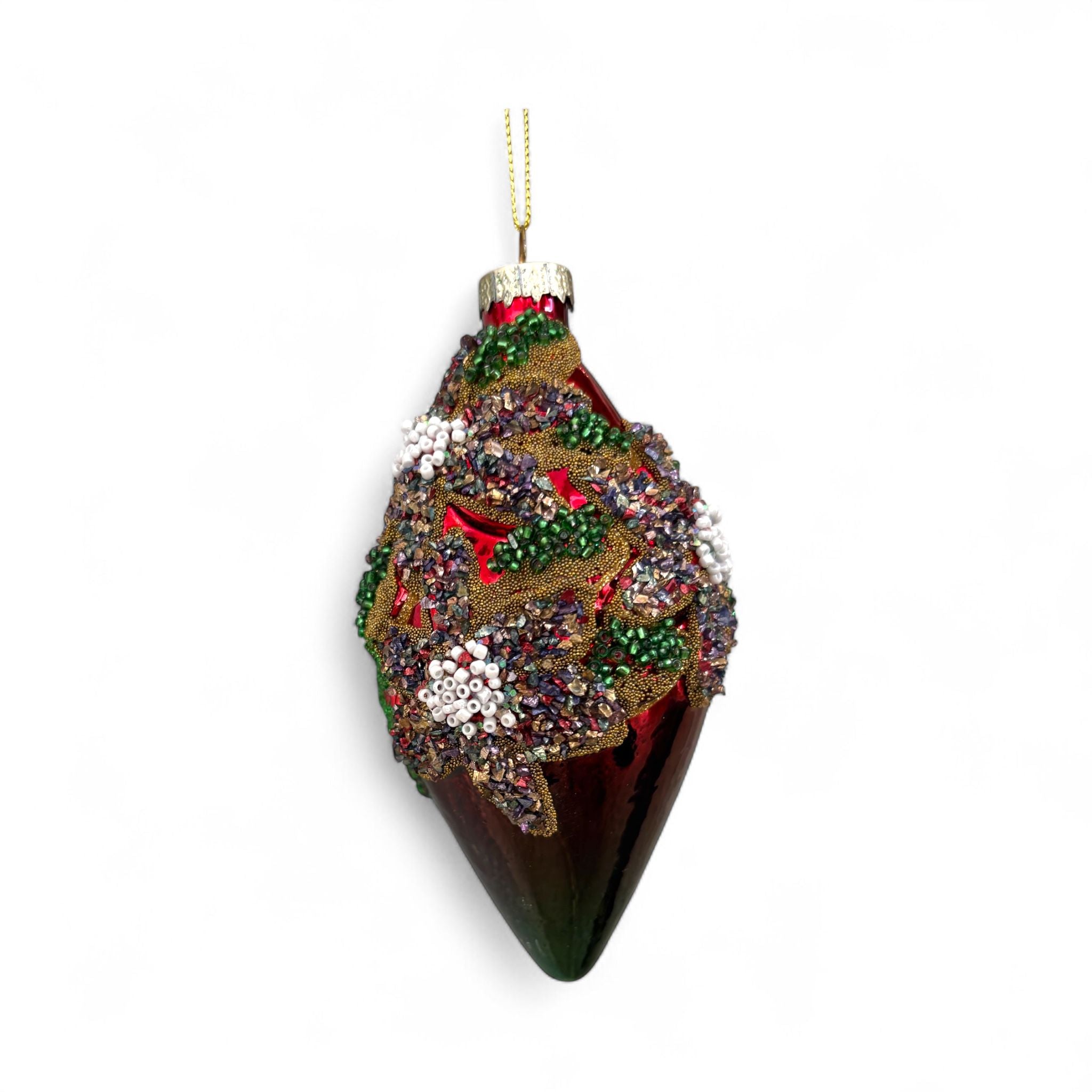Decorazione Ovale in Vetro con Perline e Glitter Oro 13,5 cm - Fiori di Lena