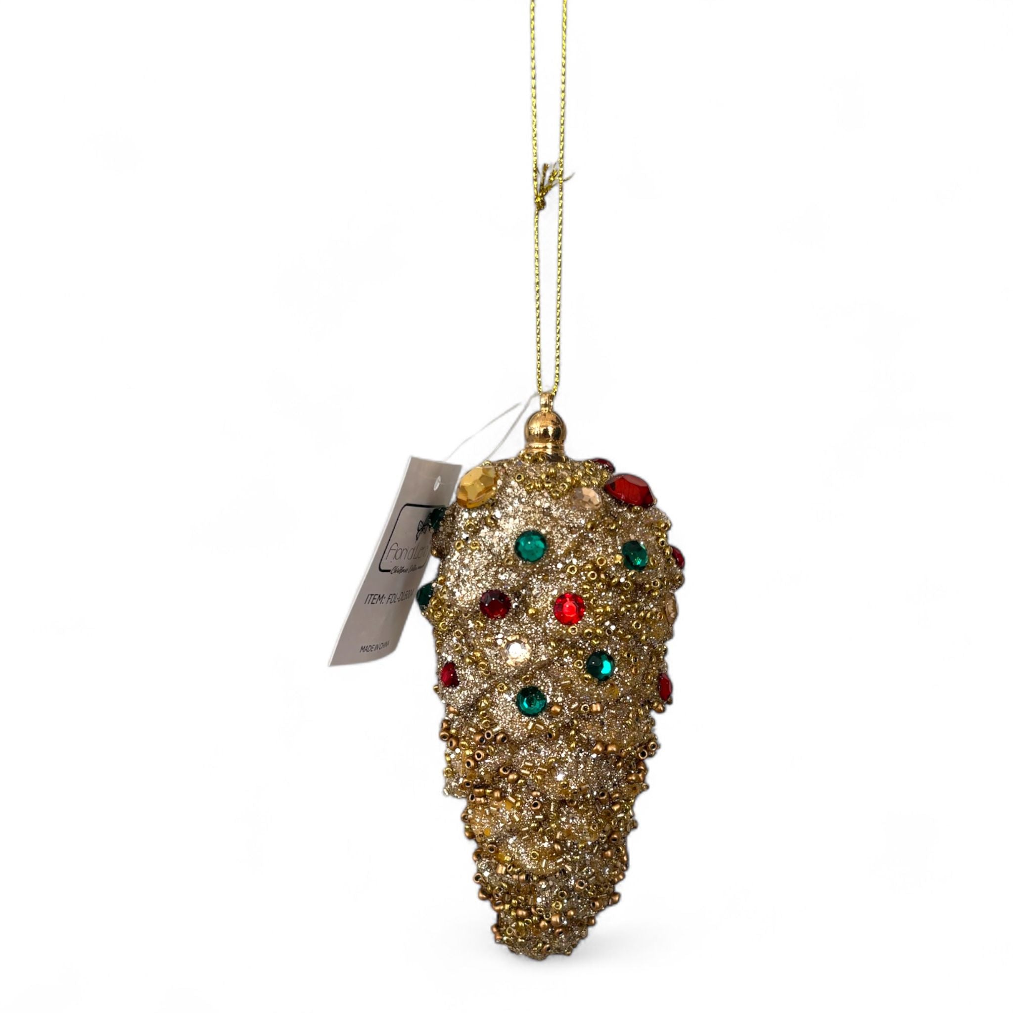 Decorazione Pigna Oro con Perline, Glitter e Pietre Multicolore 13 cm - Fiori di Lena
