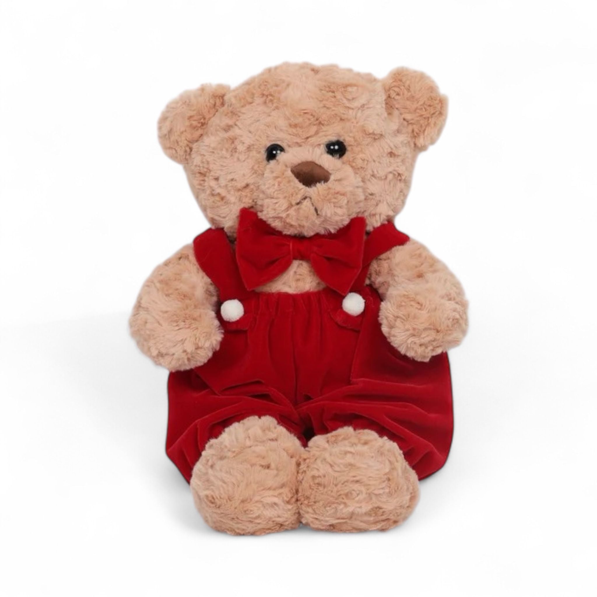 Teddy in Peluche con Salopette in Velluto Rosso e Papillon 40 cm - Fiori di Lena