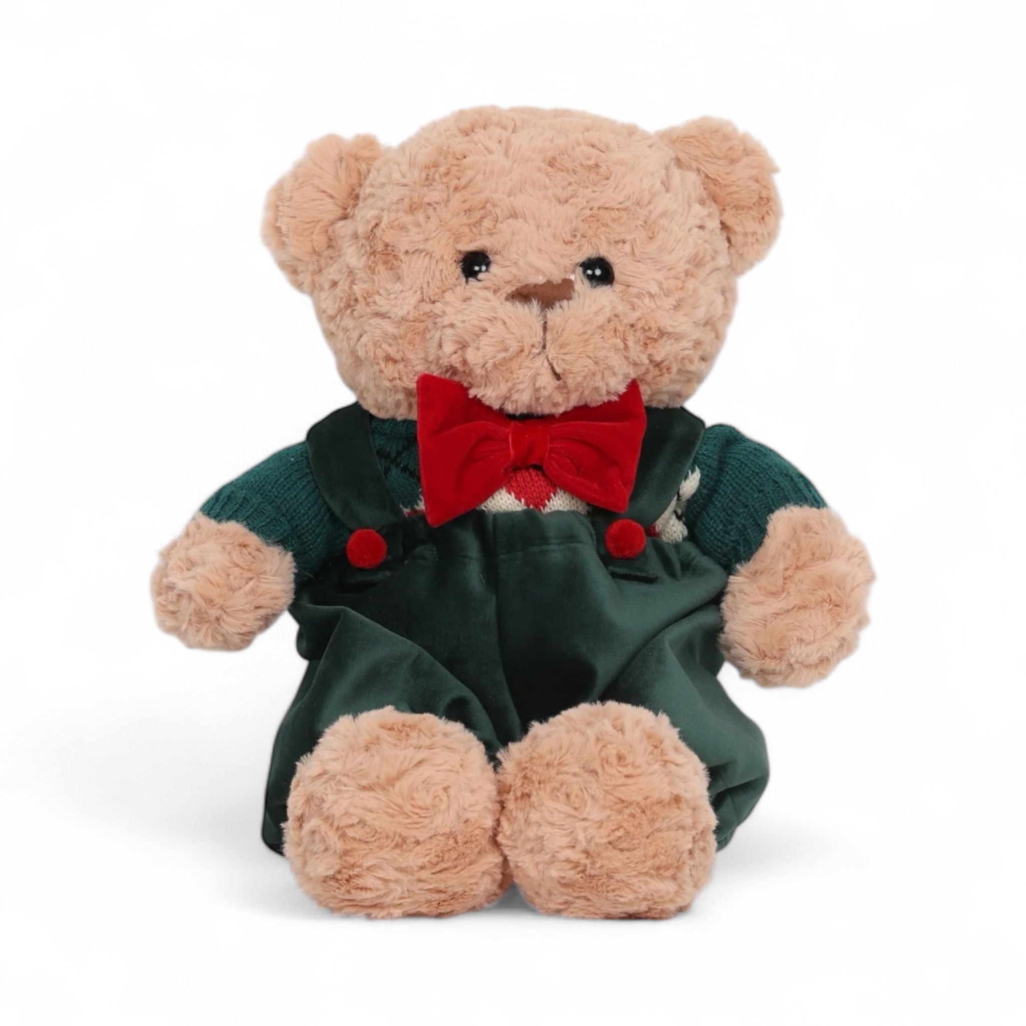 Teddy in Peluche con Salopette in Velluto Verde e Maglione Natalizio 50 cm - Fiori di Lena