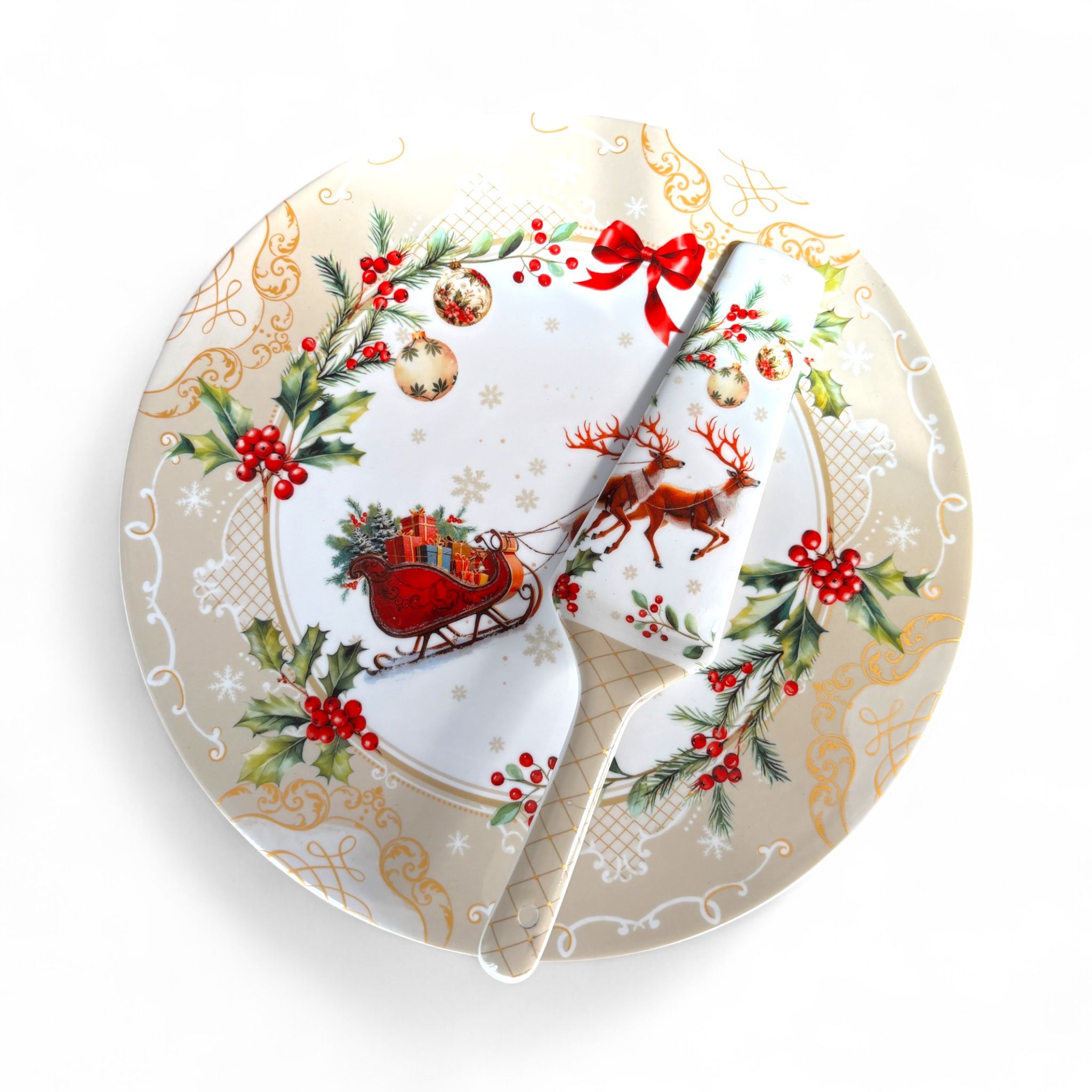 Piatto Torta in Porcellana con Decoro Agrifoglio e Paletta - Fade