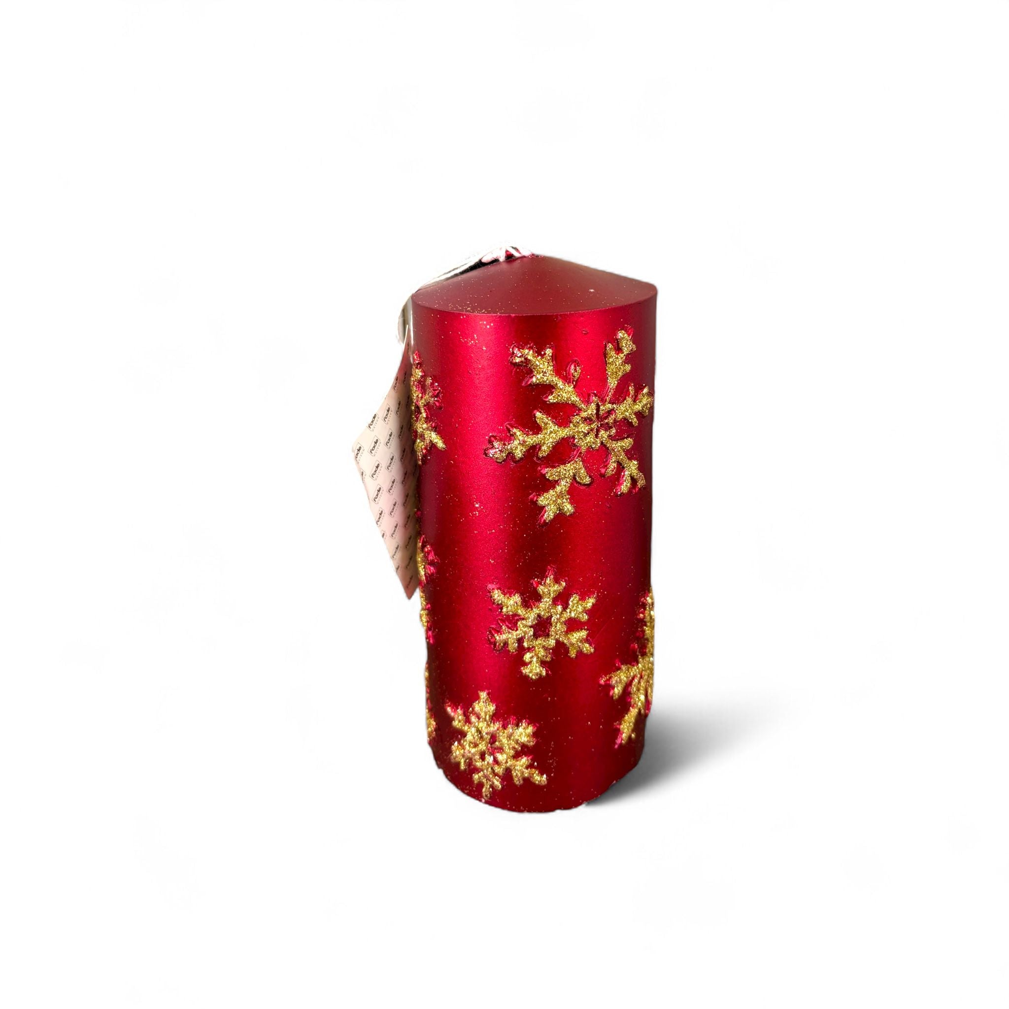 Candela Cilindrica Rossa con Fiocchi di Neve Oro H 15 cm - Fade