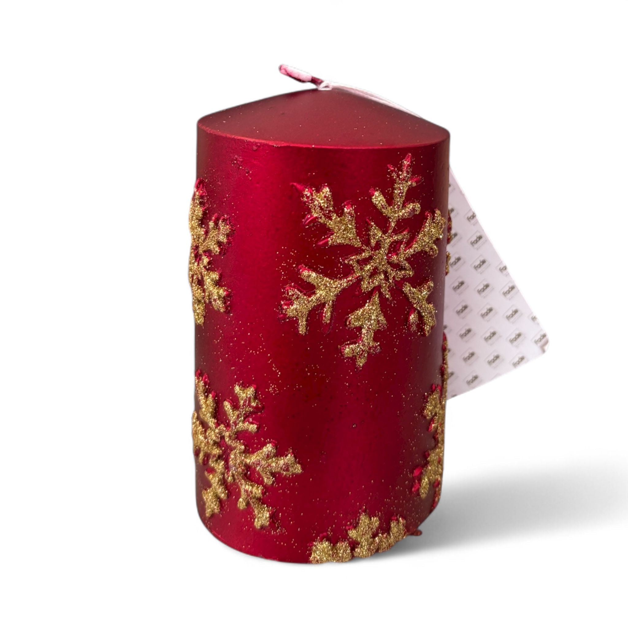 Candela Cilindrica Rossa con Fiocchi di Neve Oro 7x11 cm - Fade