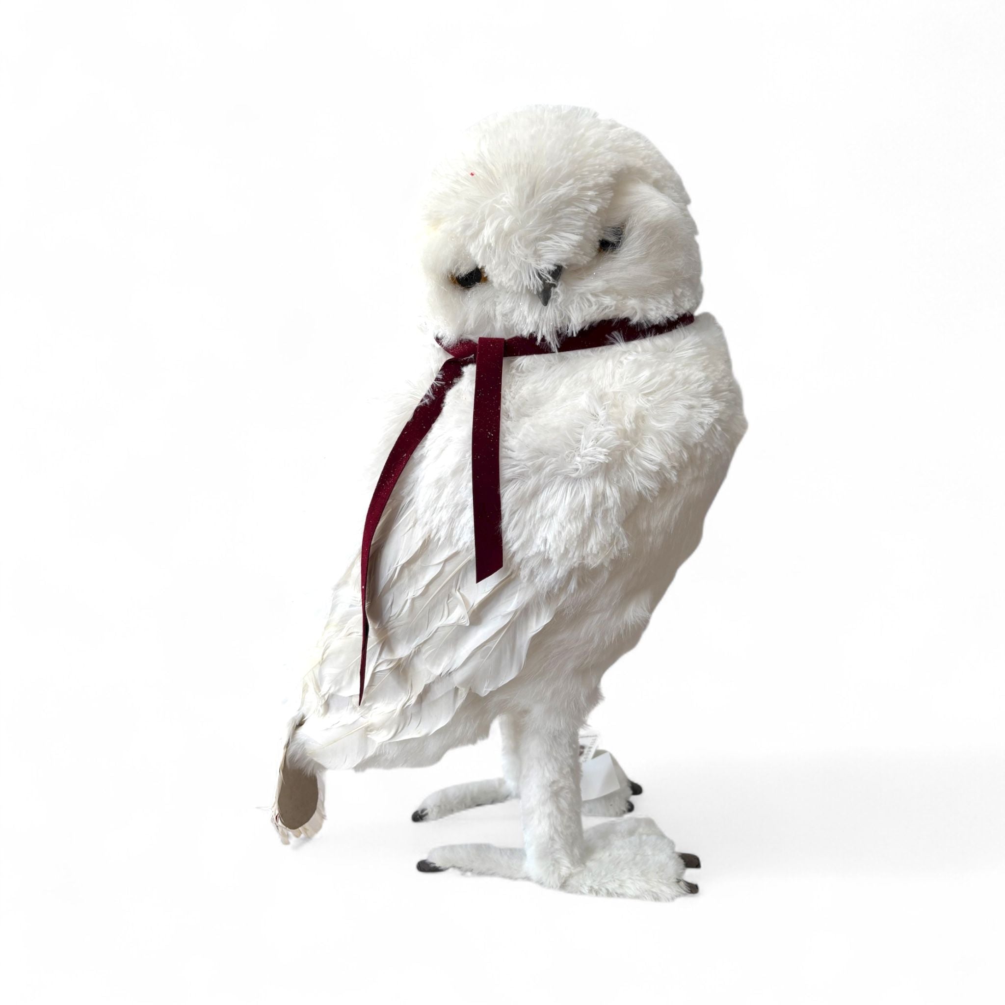 Gufo Realistico Bianco con Fiocco Bordeaux 50 cm - Goodwill