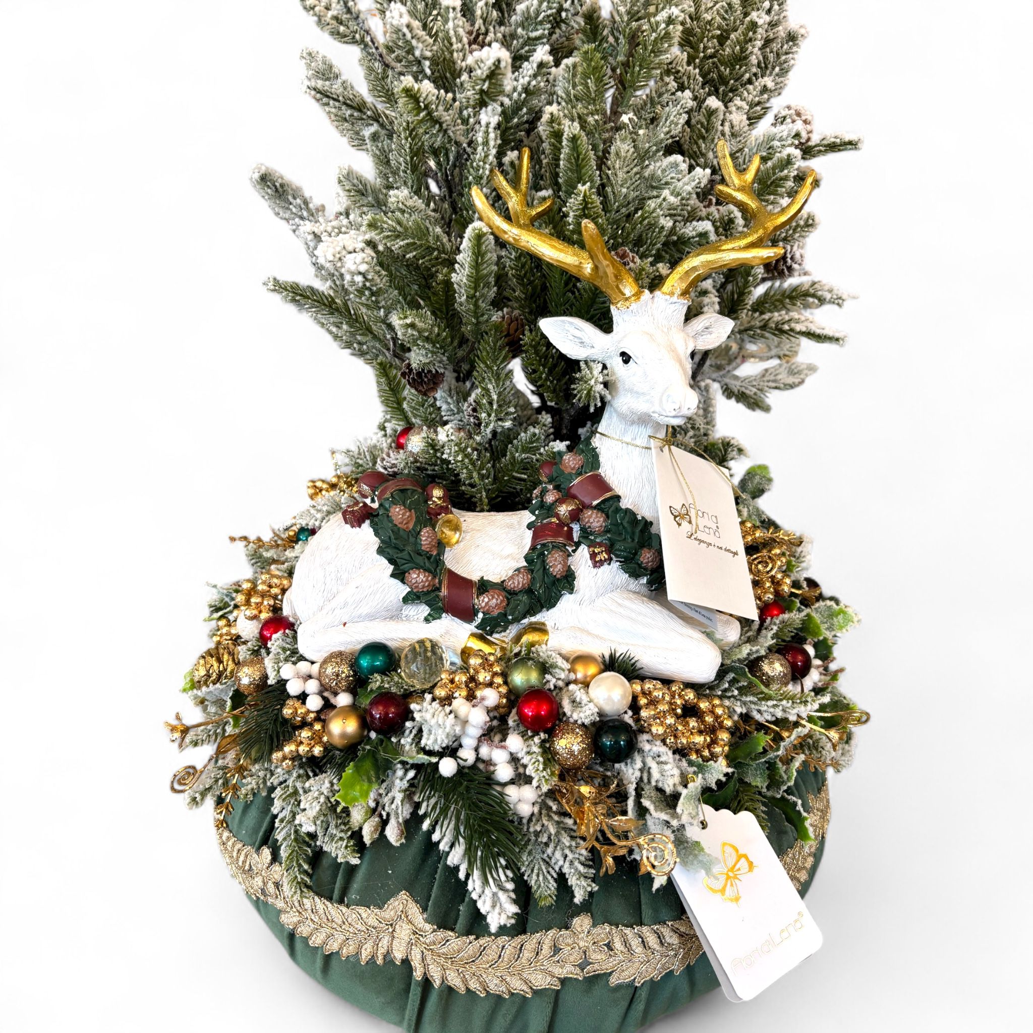Pouf in Velluto Verde con Albero Innevato e Renna Bianca 45×75 cm - Fiori di Lena