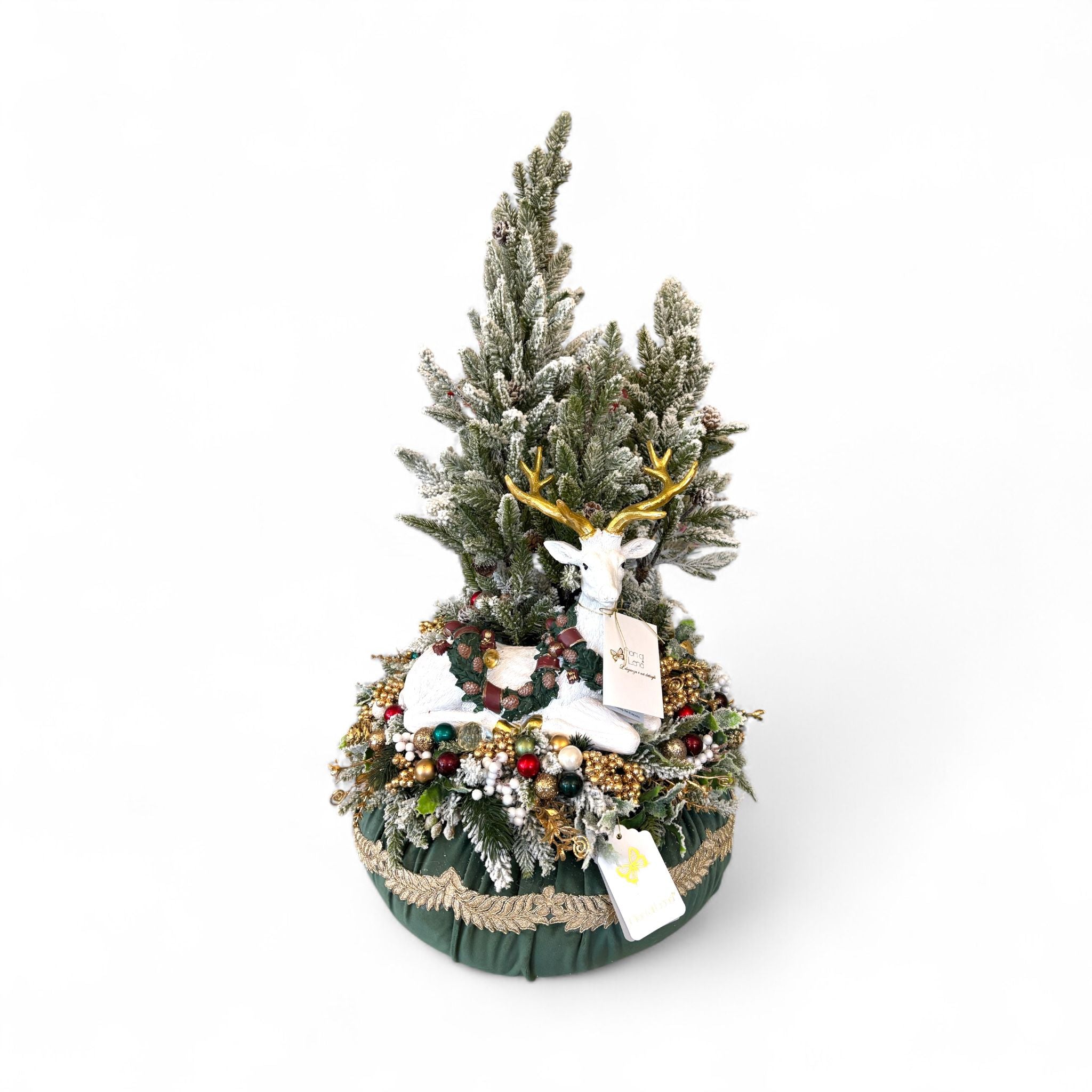 Pouf in Velluto Verde con Albero Innevato e Renna Bianca 45×75 cm - Fiori di Lena
