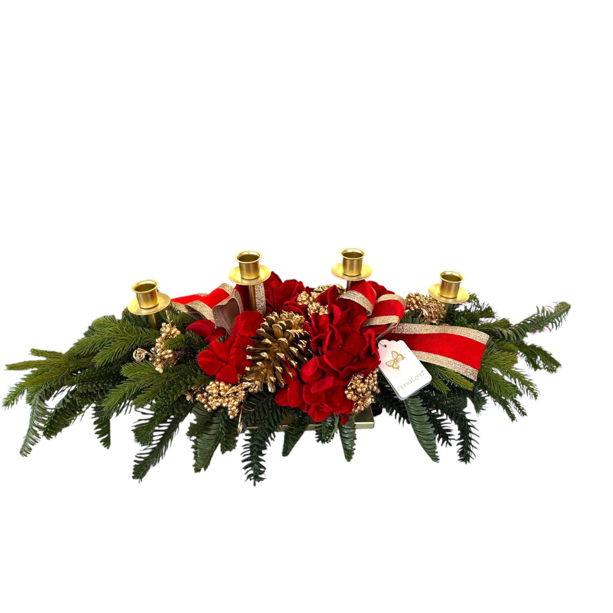 Candelabro a 4 Braccia in Metallo Oro con Ramo in PE e Fiocchi 80 cm - Fiori di Lena