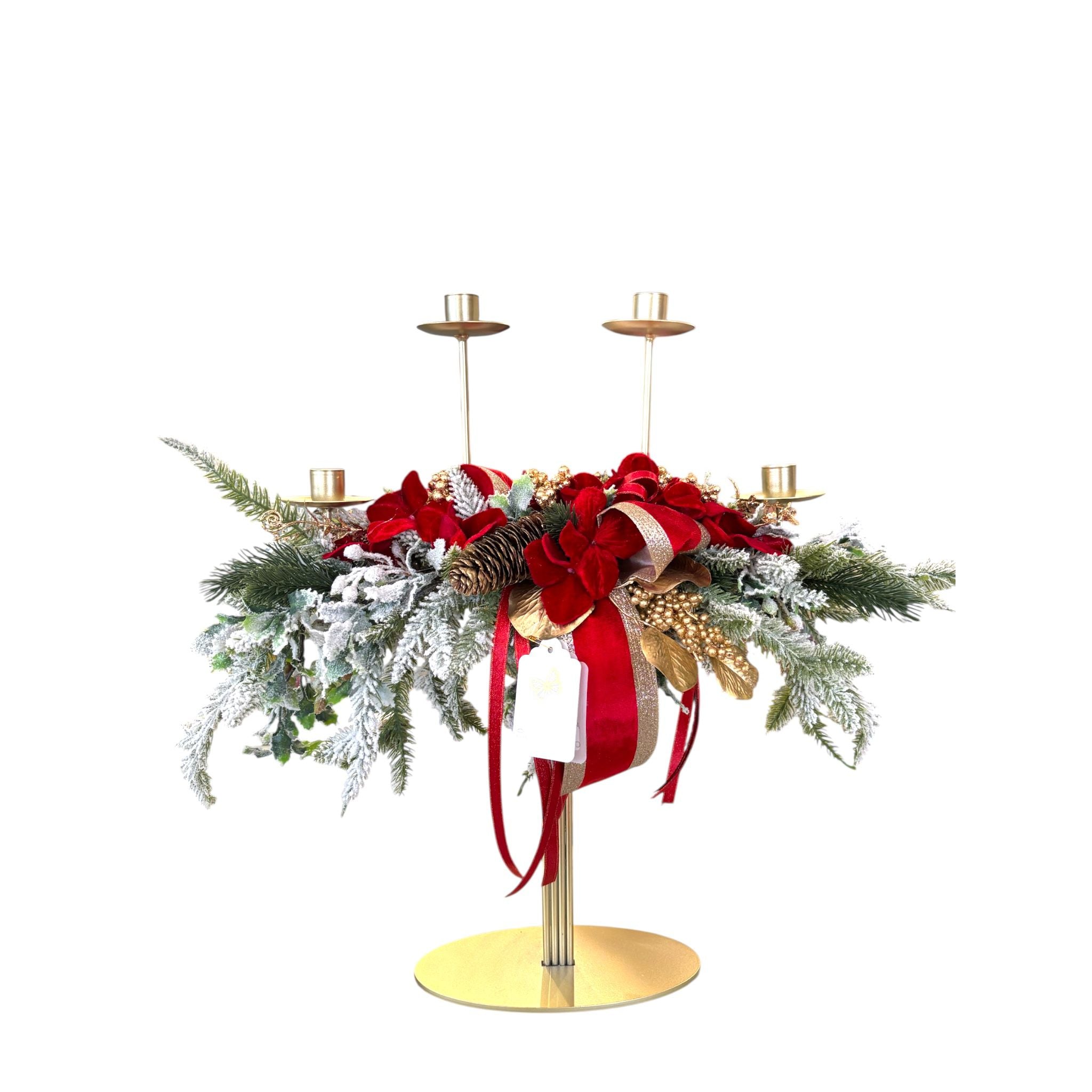Candelabro Alto a 4 Braccia in Metallo Oro con Rami Innevati 50 h cm - Fiori di Lena