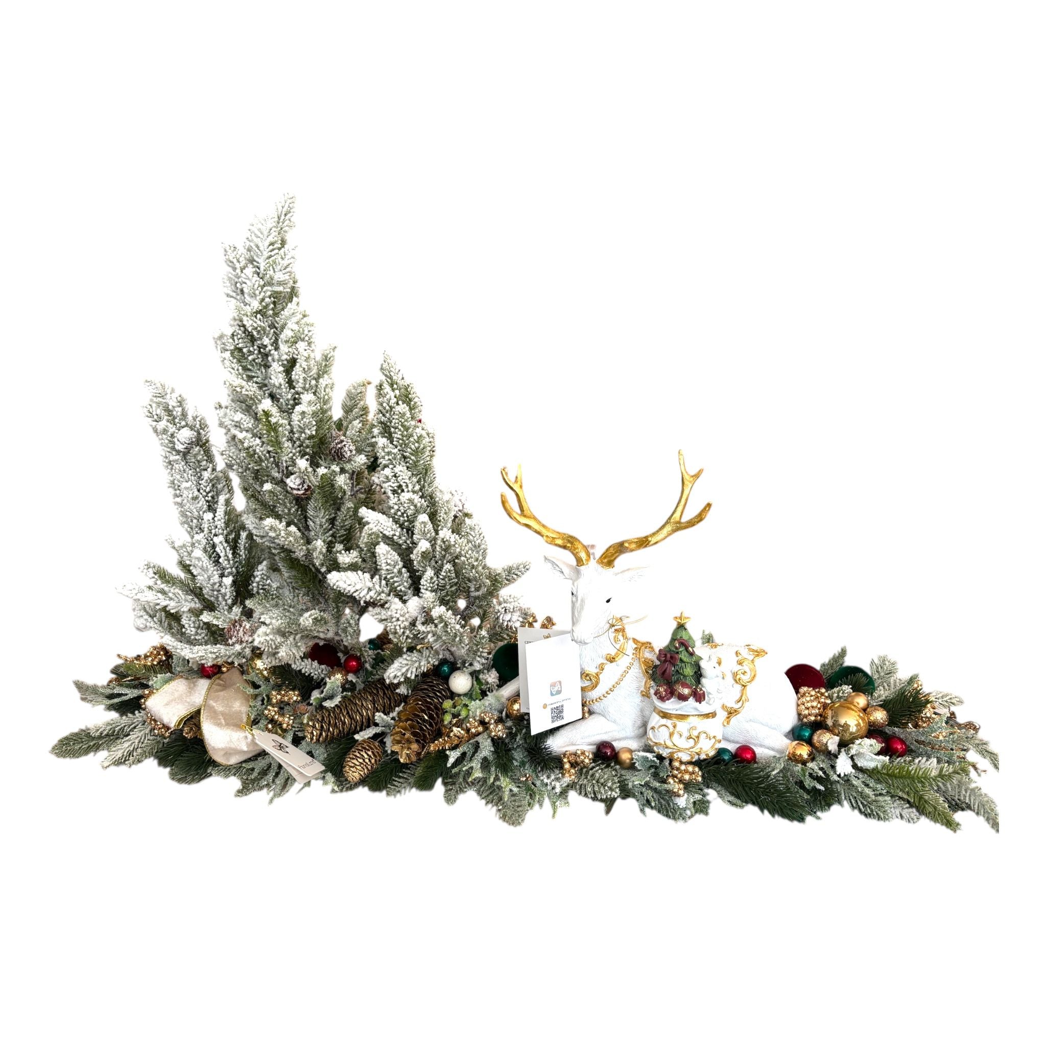 Centrotavola con Albero in PE Innevato e Renna Bianca 100x55 cm - Fiori di Lena