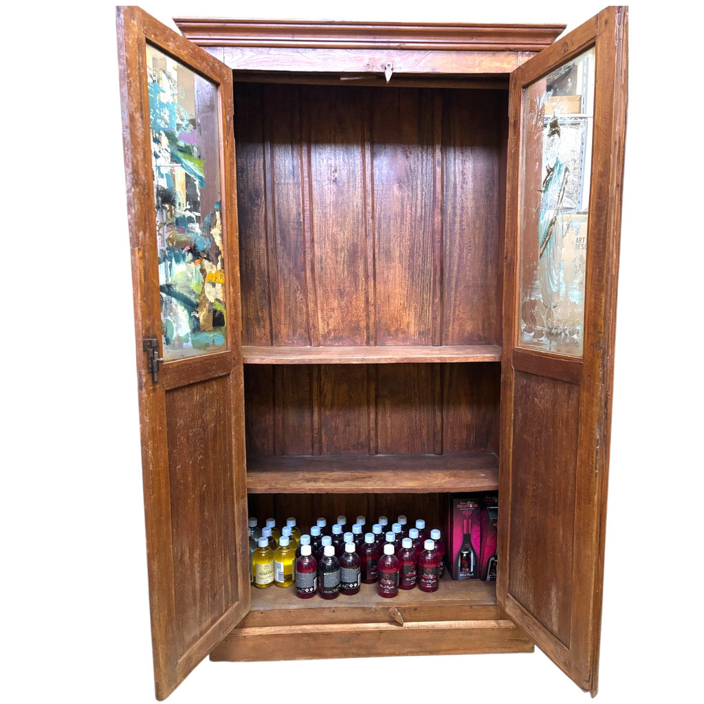 Credenza in Legno Sheesham con Ante in Vetro Decorate a Mano
