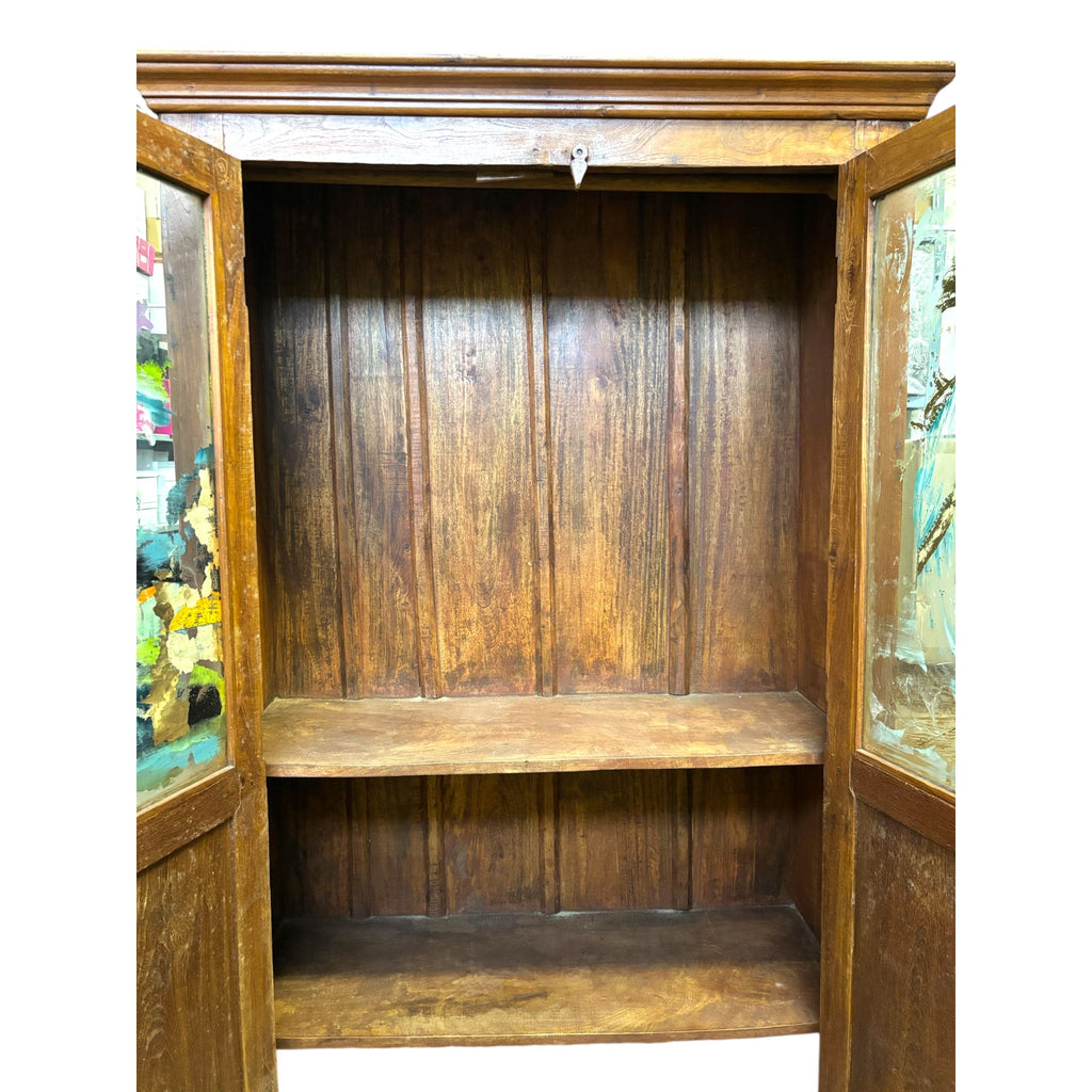 Credenza in Legno Sheesham con Ante in Vetro Decorate a Mano