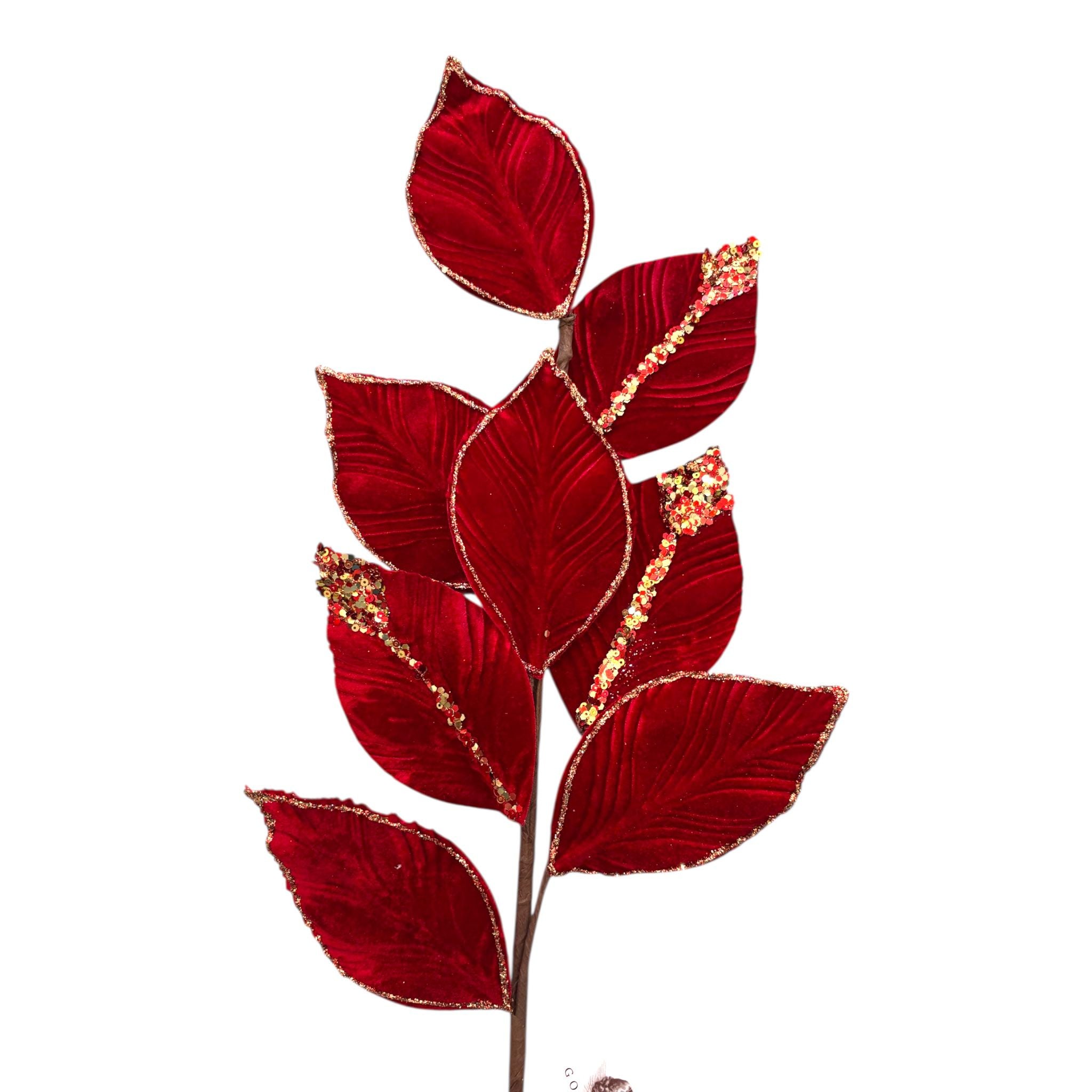 Ramo Decorativo con Foglie in Velluto Bordeaux e Dettagli Oro 70 cm - Goodwill