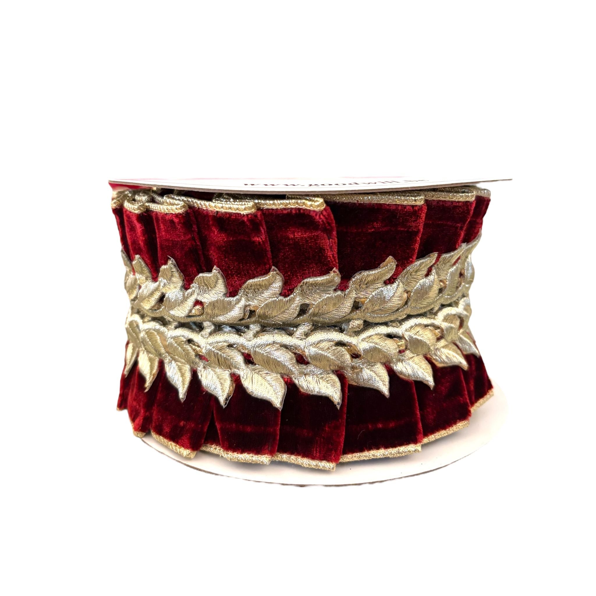 Nastro in Velluto Arricciato con Ricamo Oro Bordeaux 10 cm x 4,5 m - Goodwill