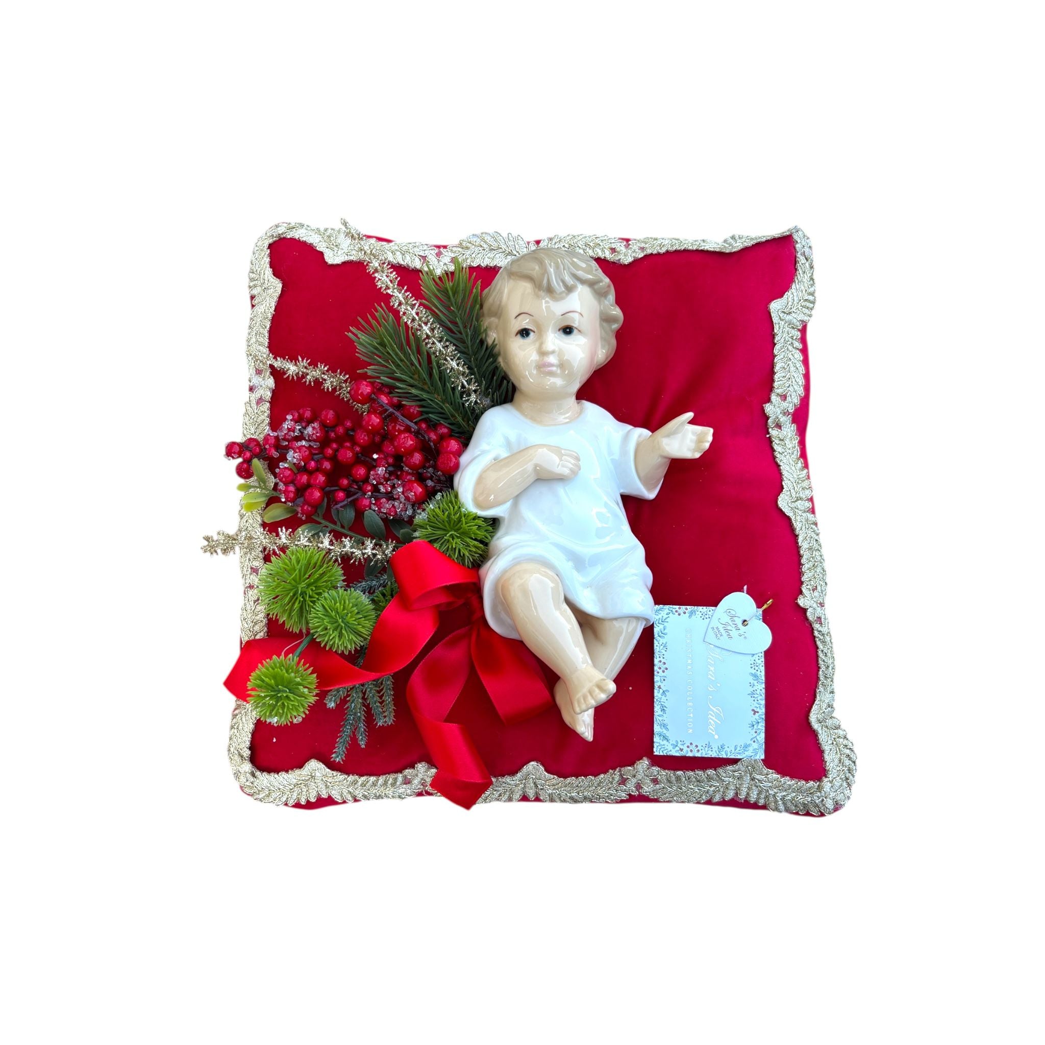 Cuscino Artigianale in Velluto Rosso con Bambinello in Porcellana 35×35 cm - Sara's Idea