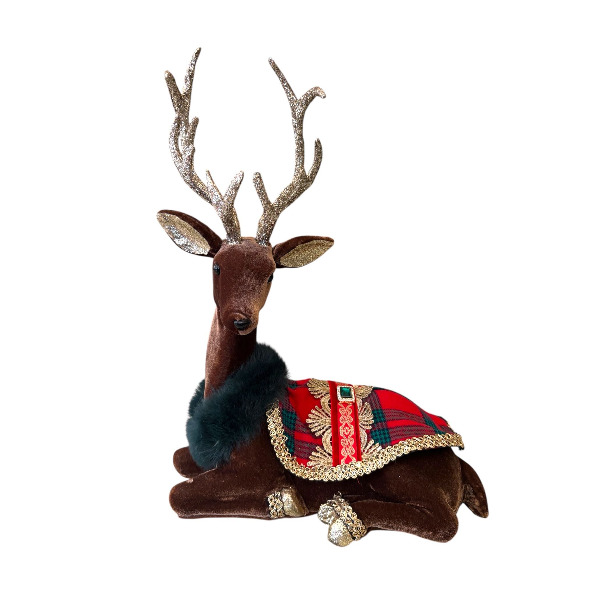 Renna Seduta in Tessuto con Sella Tartan e Dettagli Oro – Goodwill