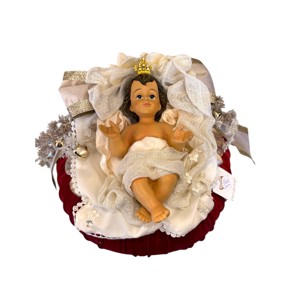 Pouf in Seta Rosso con Gesù Bambino Artigianale - Fiori di Lena