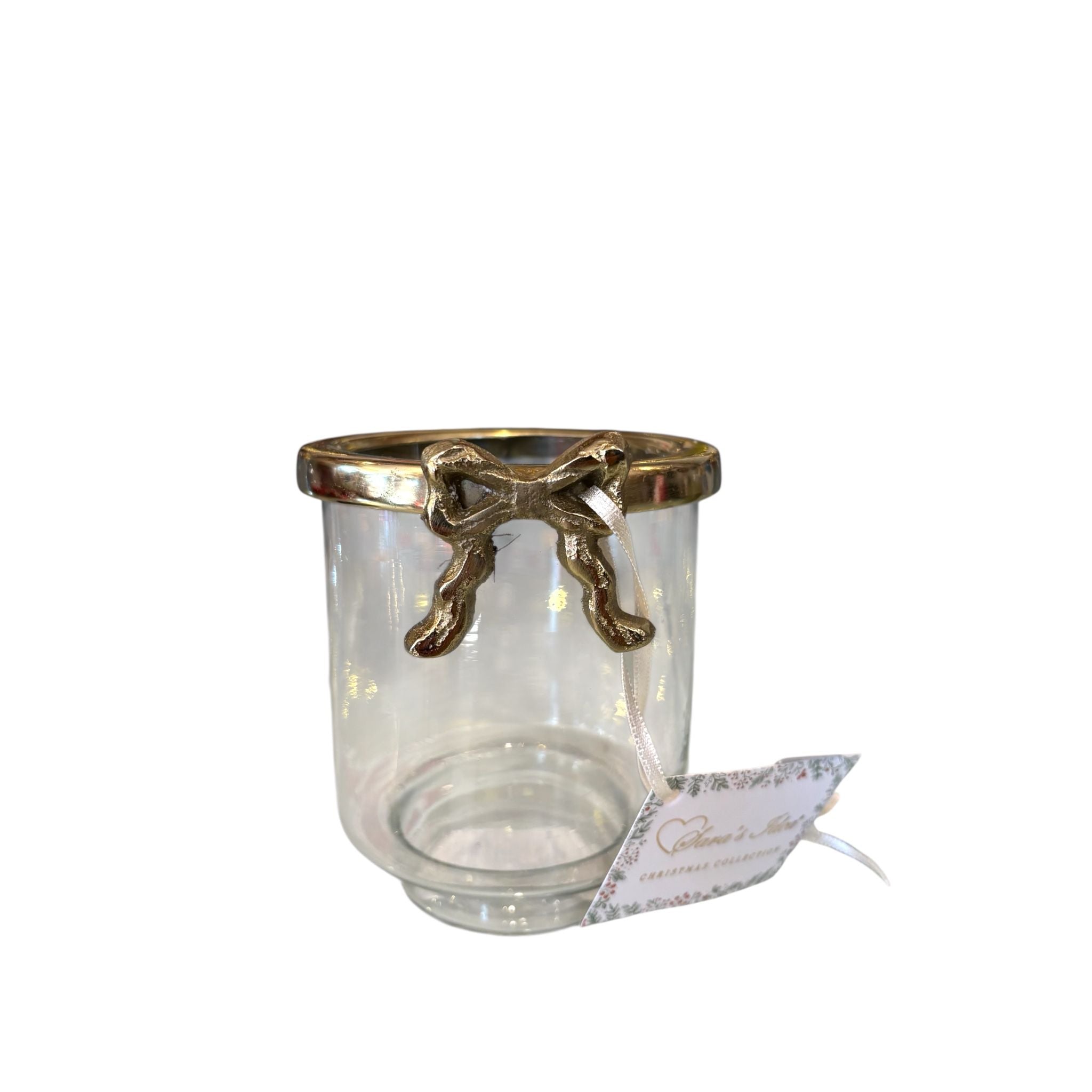 Portacandela in Vetro Trasparente con Fiocco in Metallo Oro - Sara's Idea