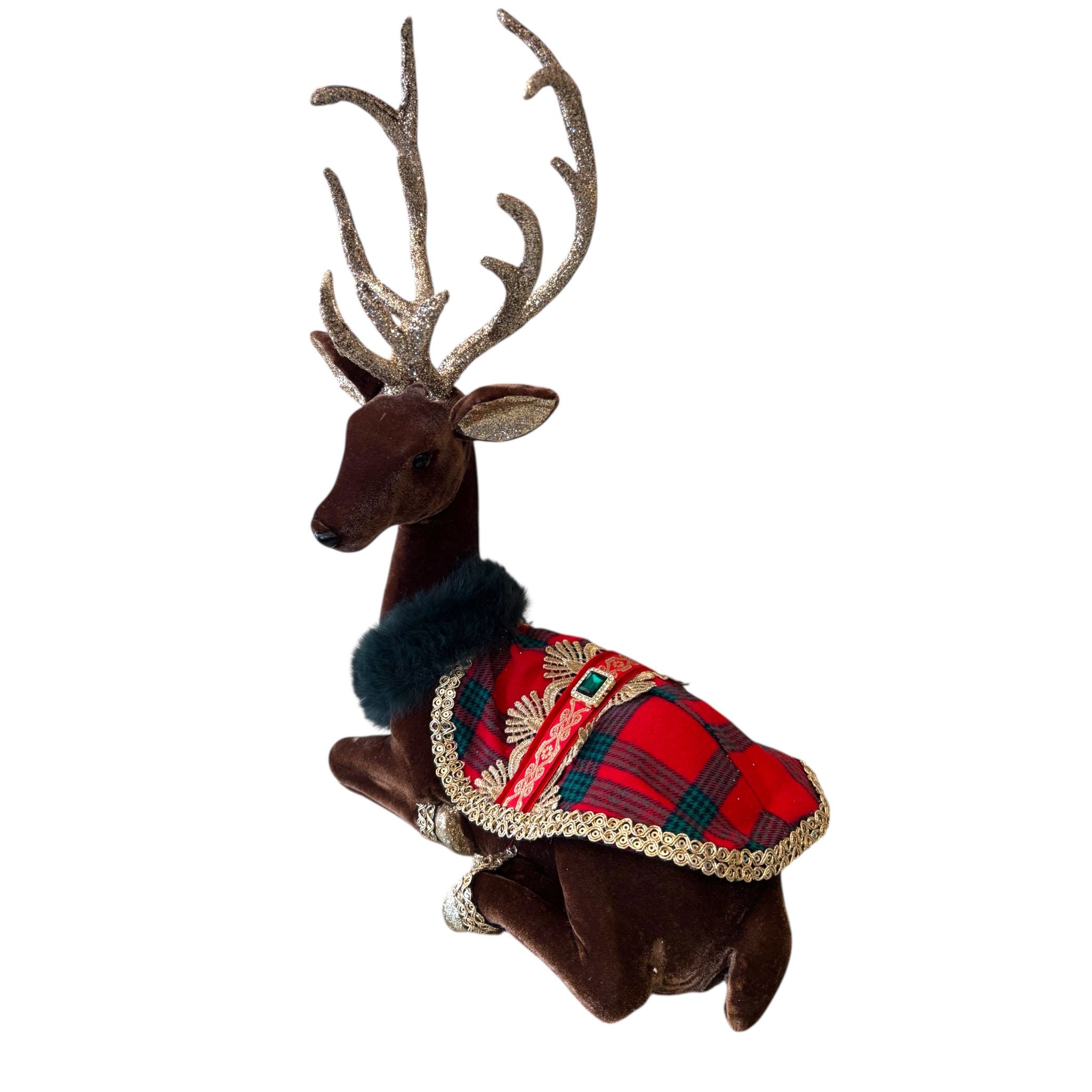 Renna Seduta in Tessuto con Sella Tartan e Dettagli Oro – Goodwill