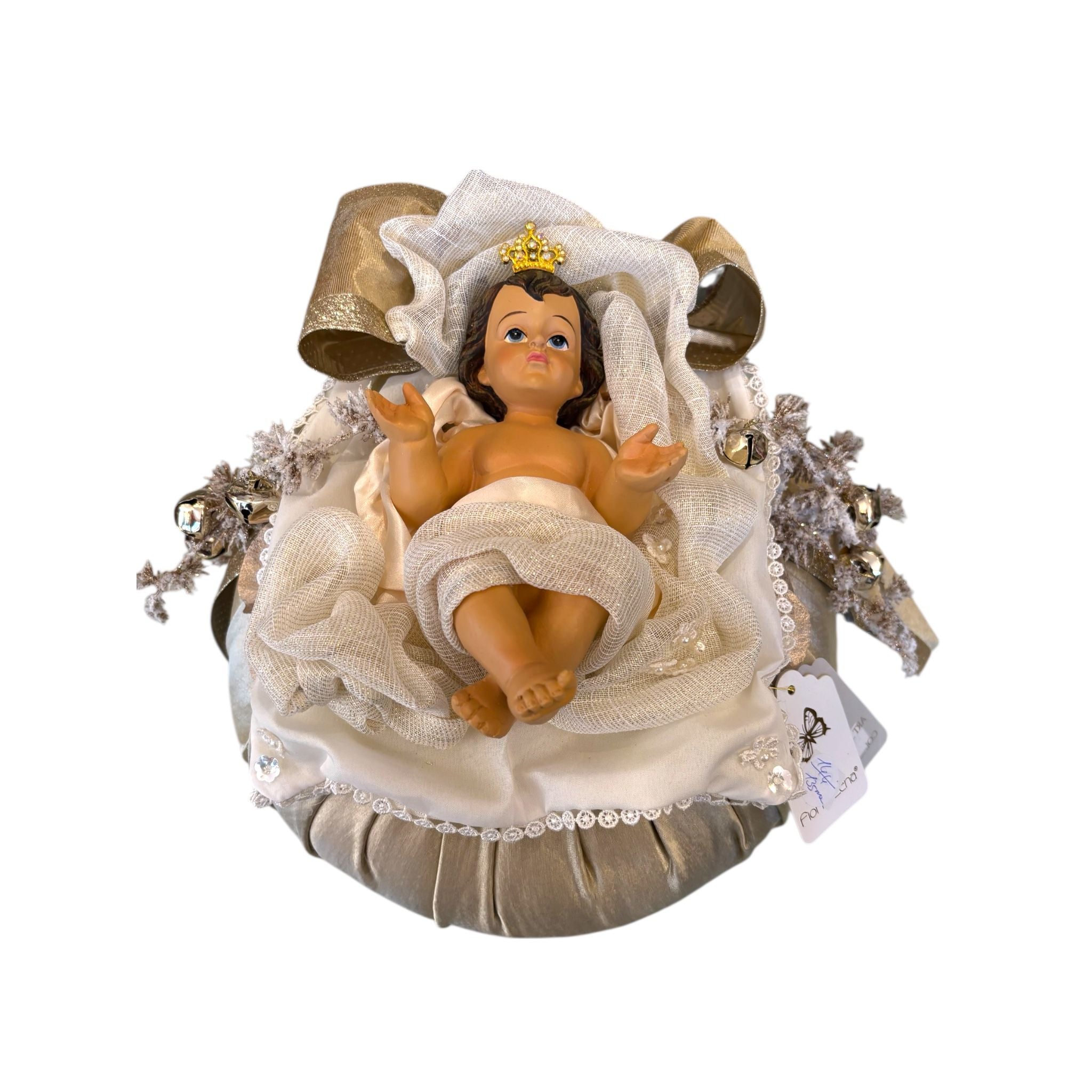 Pouf in Seta Oro con Gesù Bambino Artigianale - Fiori di Lena