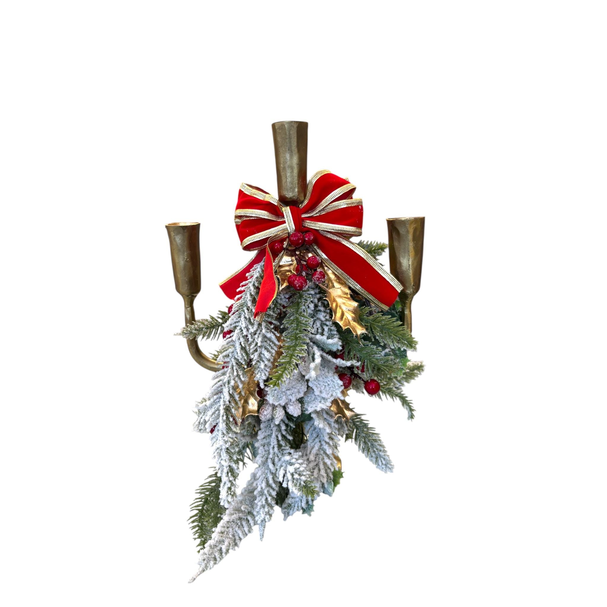 Candelabro a Tre Bracci in Metallo Oro con Fiocco e Rami Floccati – Fiori di Lena