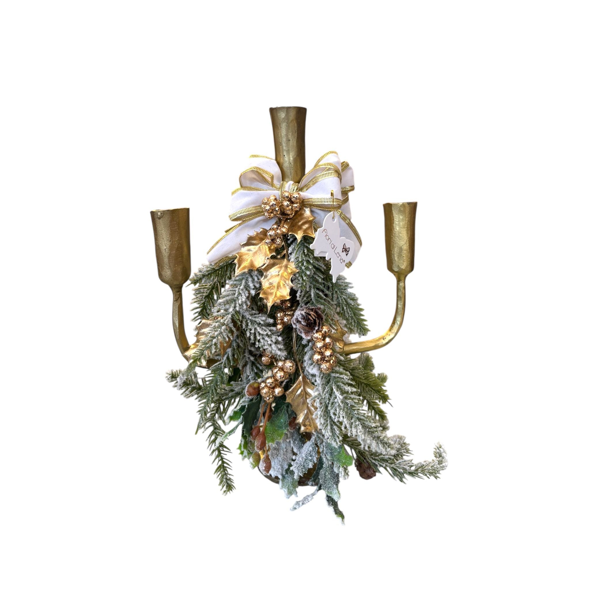 Candelabro a Tre Bracci in Metallo Oro con Fiocco Avorio e Oro e Rami Floccati – Fiori di Lena