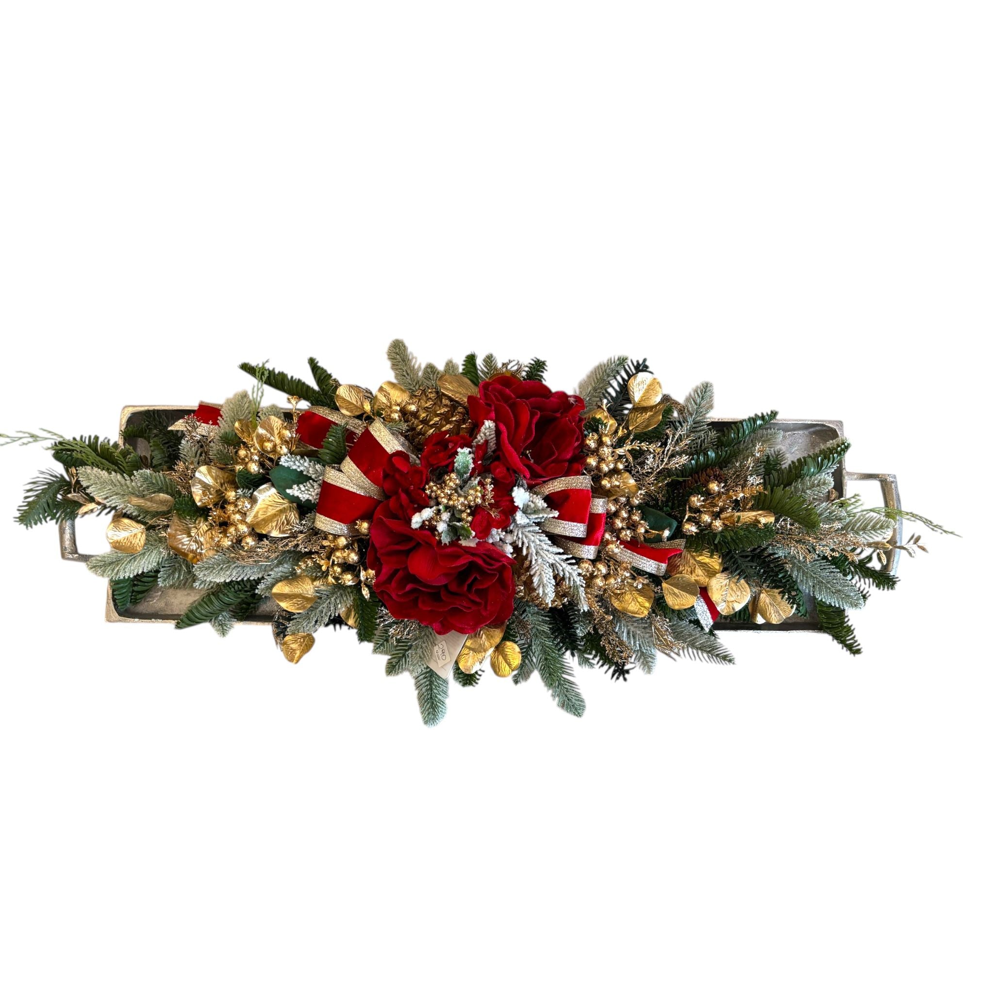 Centrotavola con Vassoio in Metallo, Fiori e Nastri  – Fiori di Lena