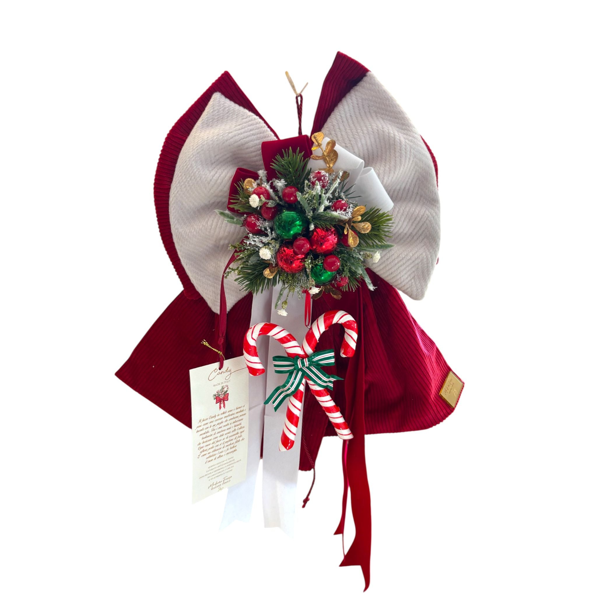 Fiocco in Velluto Rosso e Avorio con Candy Cane 40 cm - Madame Fioccò