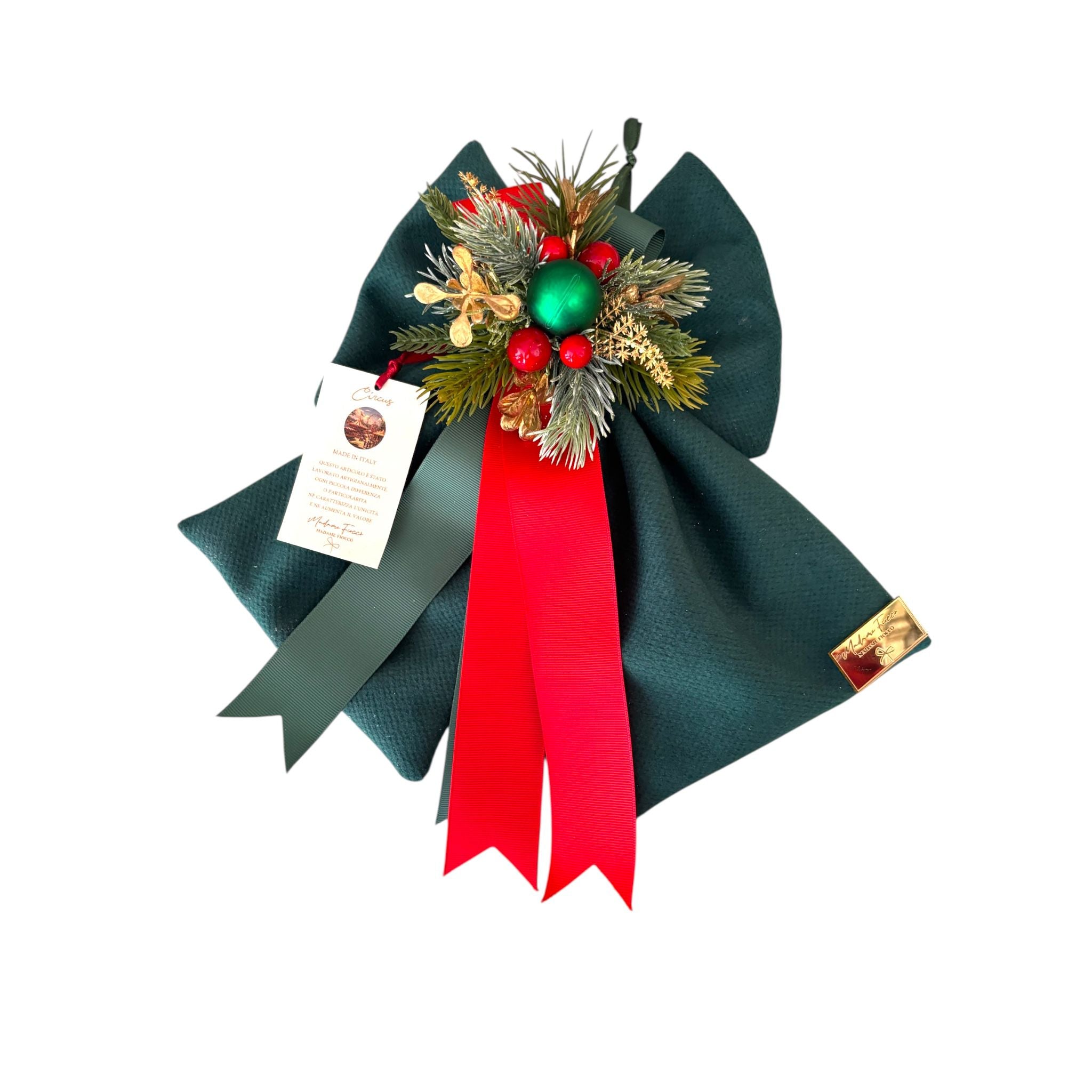 Fiocco in Velluto Verde con Palline e Rami di Pino 30 cm - Madame Fioccò