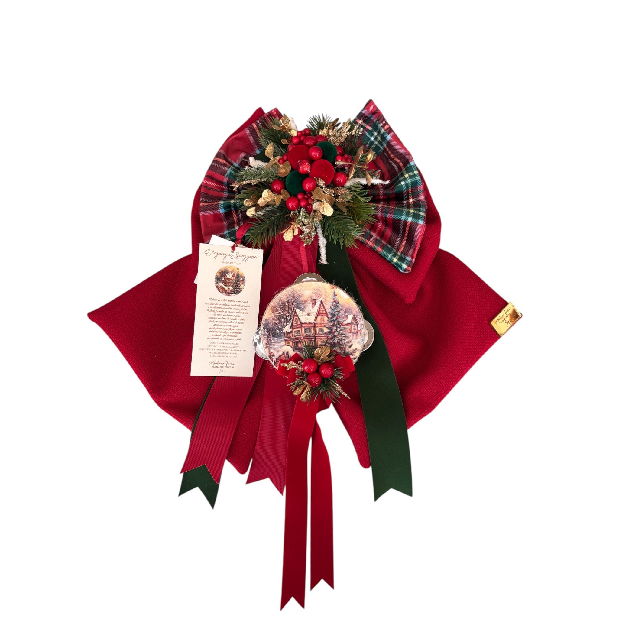 Fiocco “Eleganza Scozzese” in Velluto Rosso e Tartan con Tamburo 40 cm - Madame Fioccò
