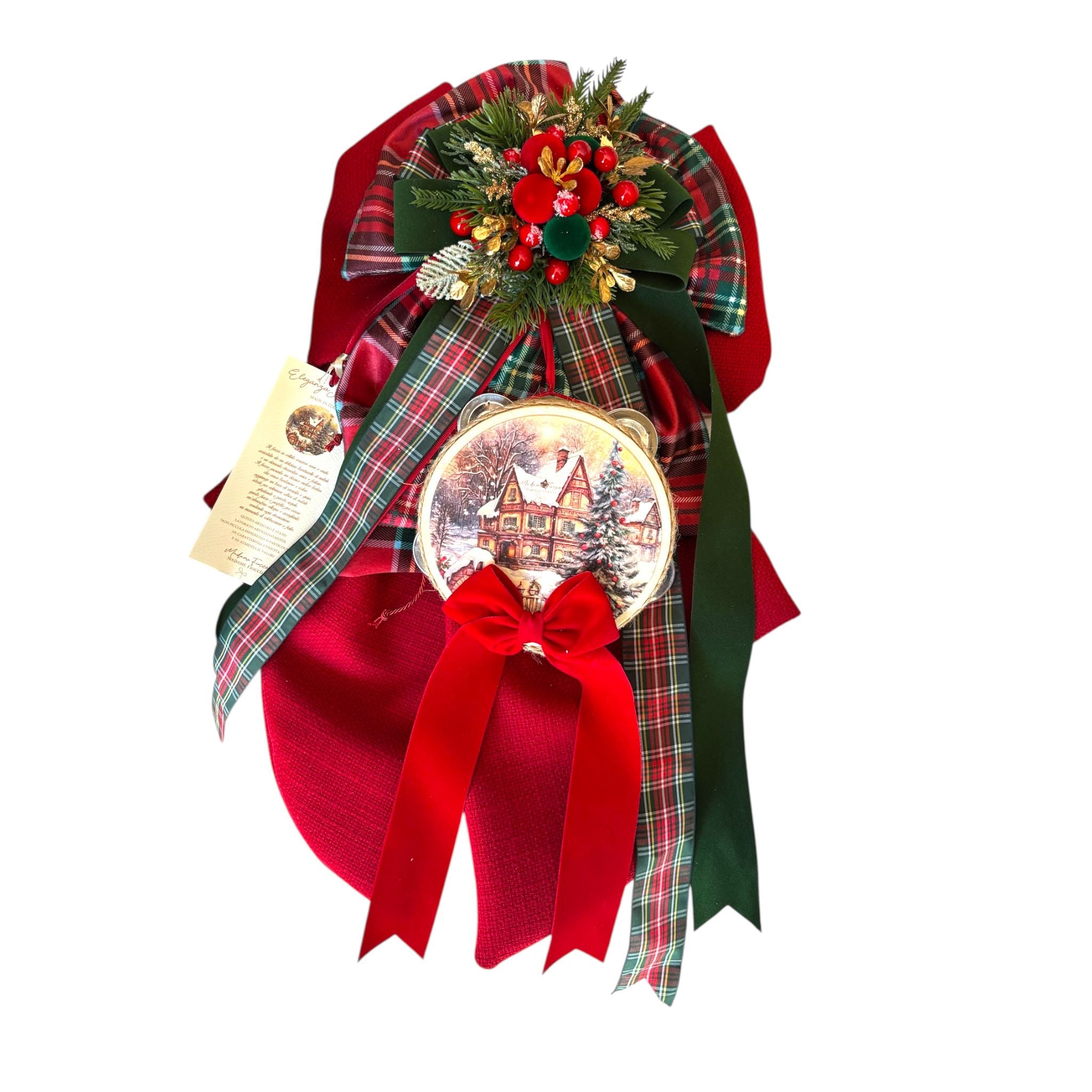 Fiocco “Eleganza Scozzese” in Velluto Rosso con Nastro Tartan 80 h cm - Madame Fioccò