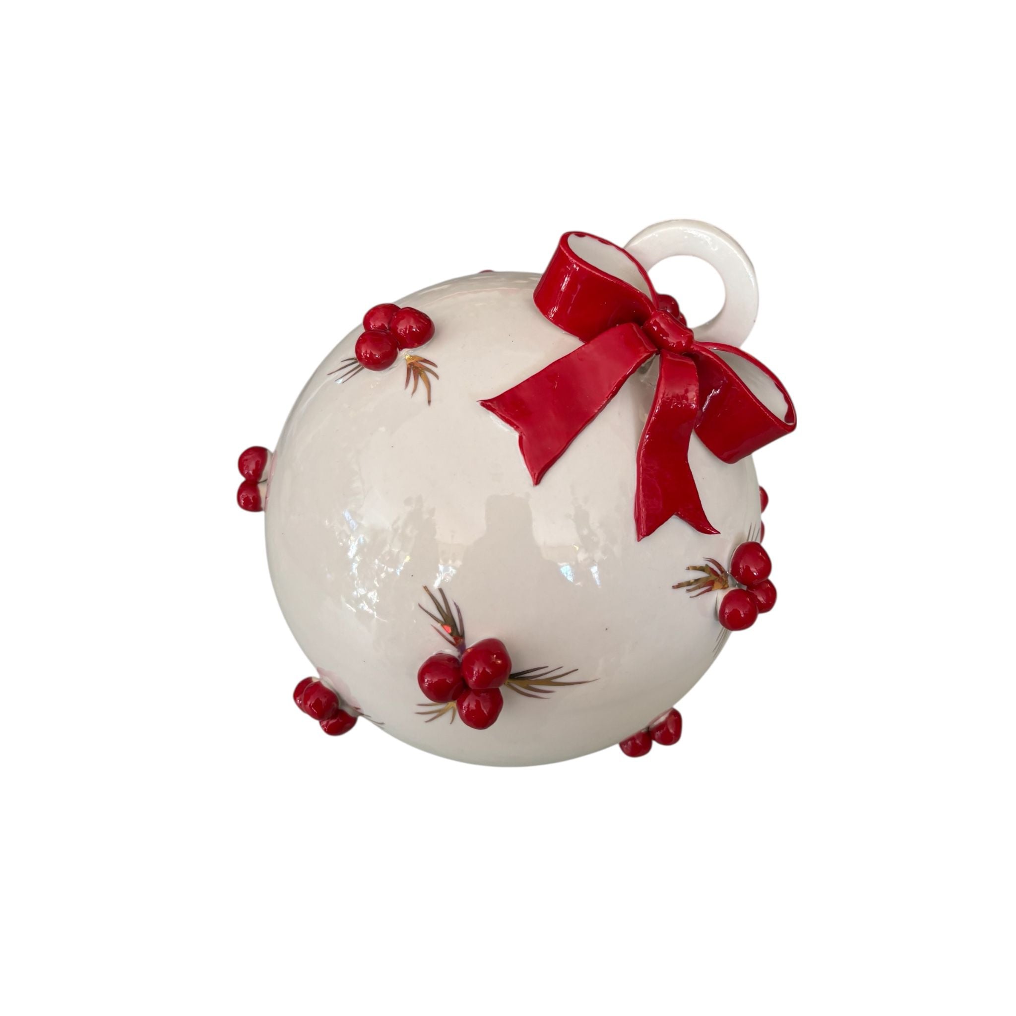 Sfera Natalizia in Ceramica Bianca con Fiocco Rosso in Rilievo 20×20 cm - Sbordone
