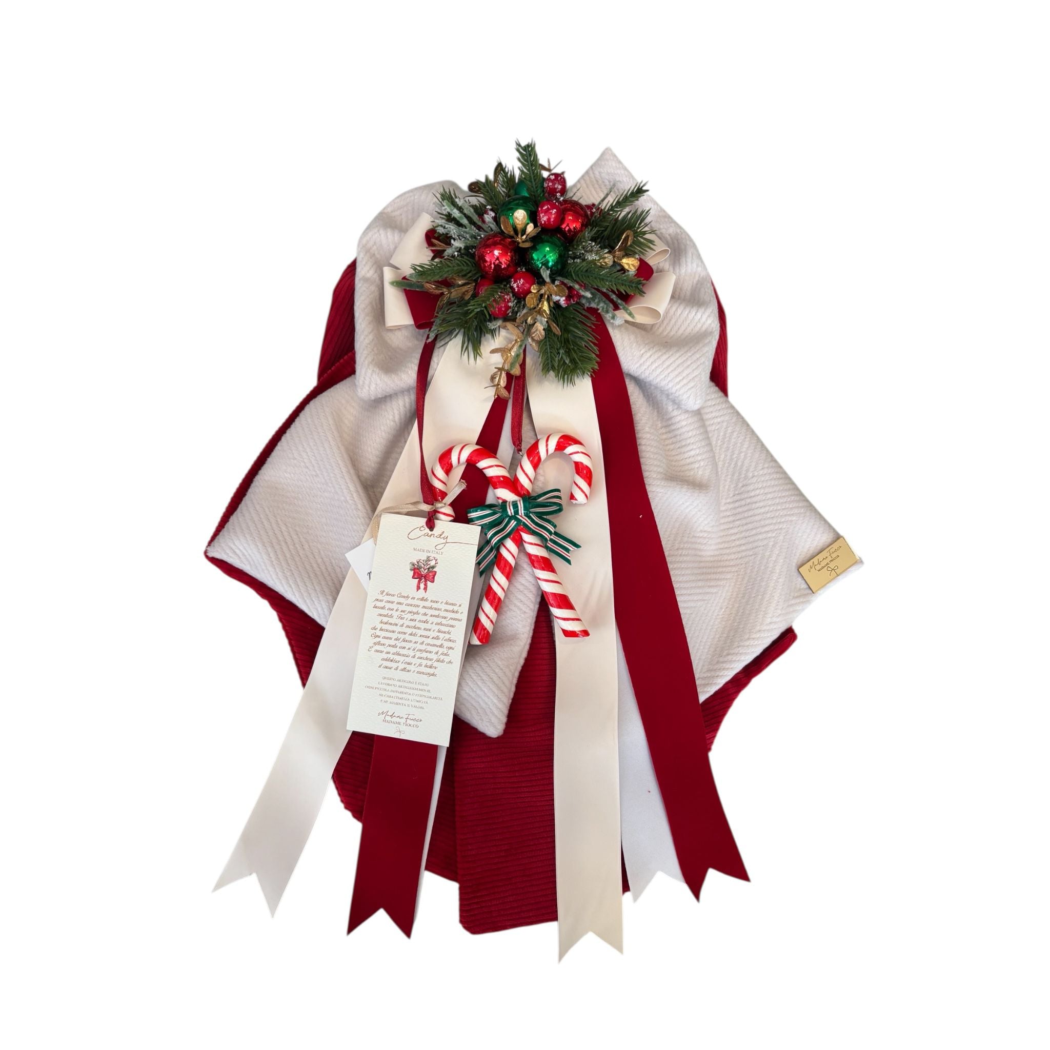 Fiocco in Velluto  Avorio e Rosso con Candy Cane 80 cm - Madame Fioccò