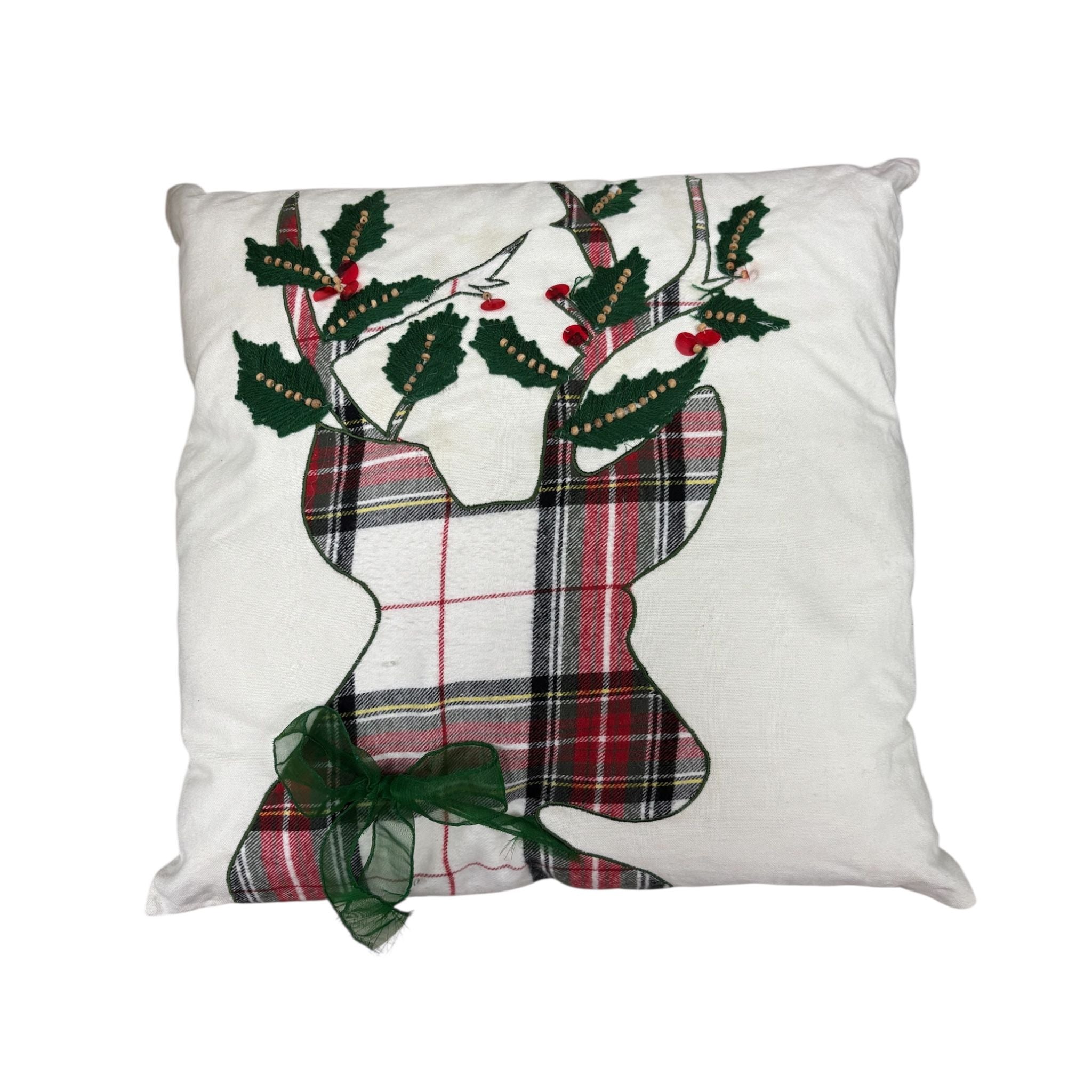 Cuscino con Renna Ricamata e Fiocco Verde in Cotone 45x45 cm  - Blanc Mariclò