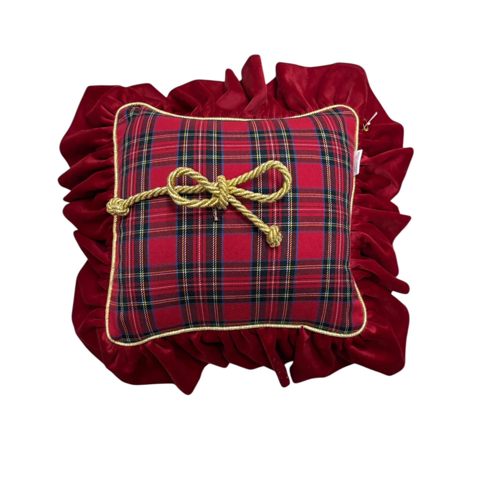Cuscino Tartan con Gala in Velluto Rosso e Fiocco Oro 35x35 cm - Sara's Idea