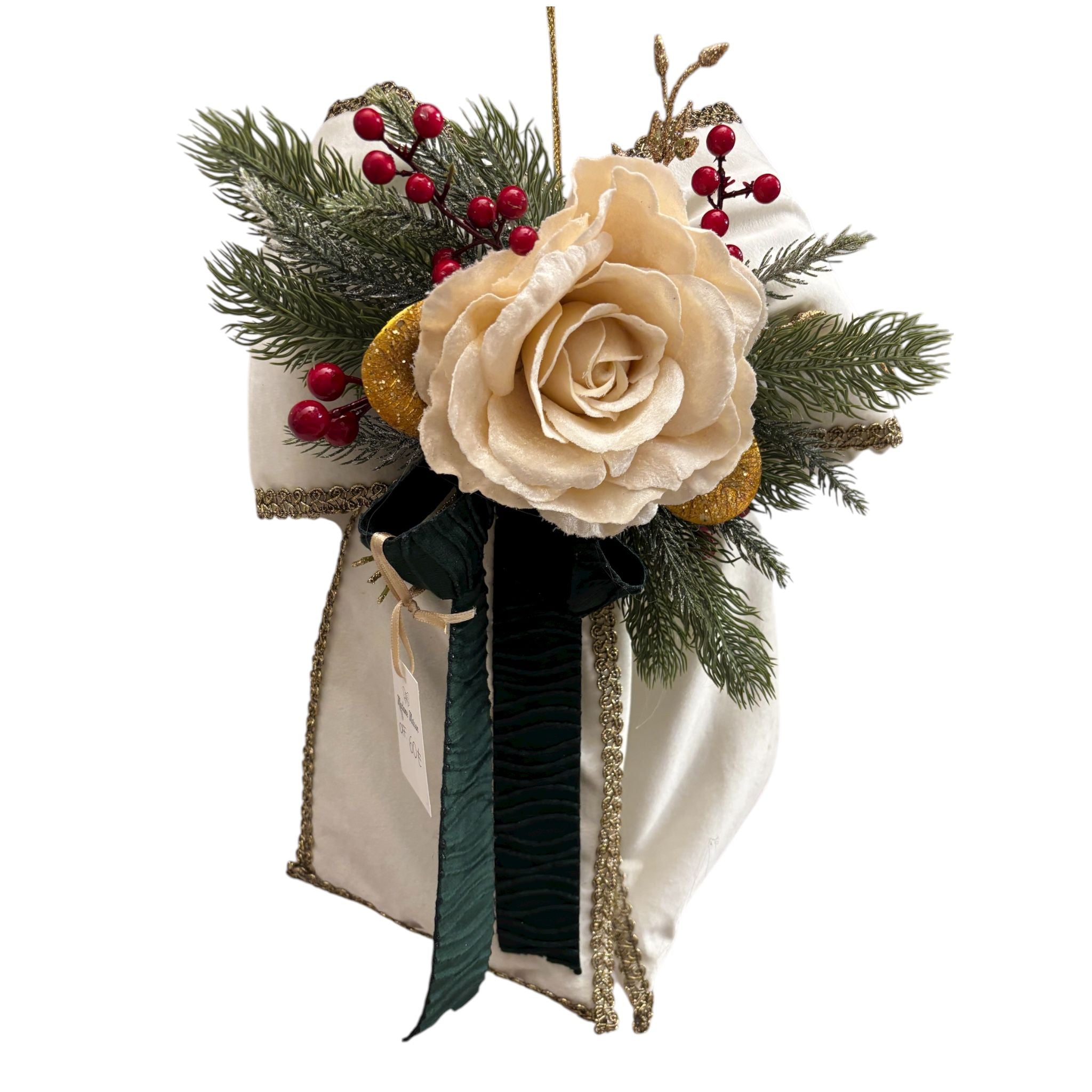 Fiocco in Velluto Bianco con Passamaneria Oro e Rosa Centrale - Madame Maison