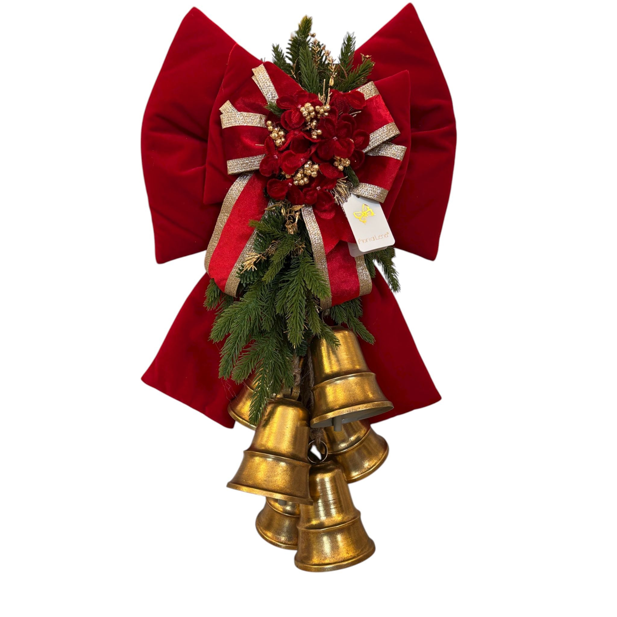 Doppio Fiocco in Velluto Rosso con Campanacci e Fiori  – Fiori di Lena