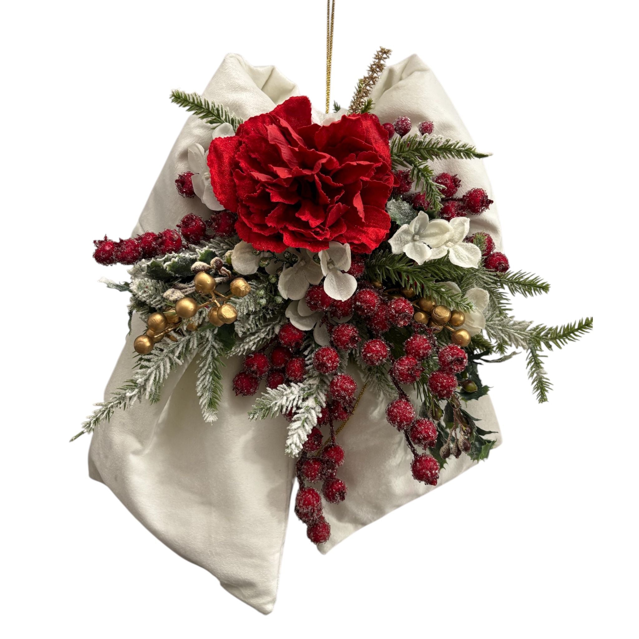 Fiocco in Velluto Bianco con Rosa Rossa e Bacche Effetto Ghiaccio - Madame Maison