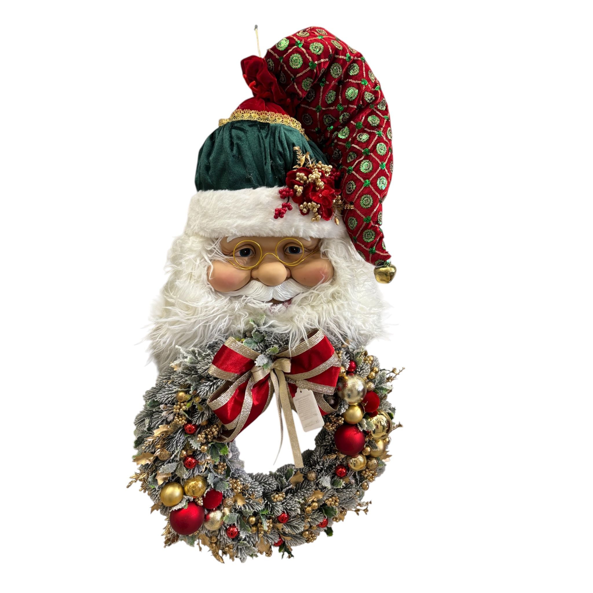Testa di Babbo Natale con Ghirlanda Innevata 100 cm  – Fiori di Lena