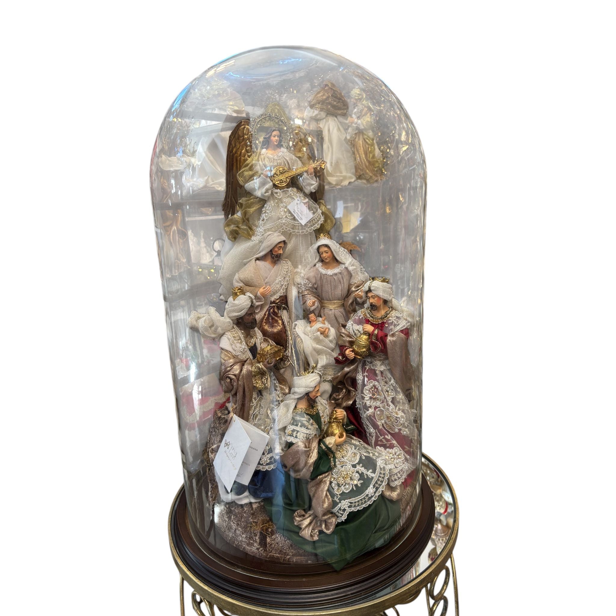 Natività in Resina con Abiti in Tessuto in Teca di Vetro 70 cm - Fiori di Lena