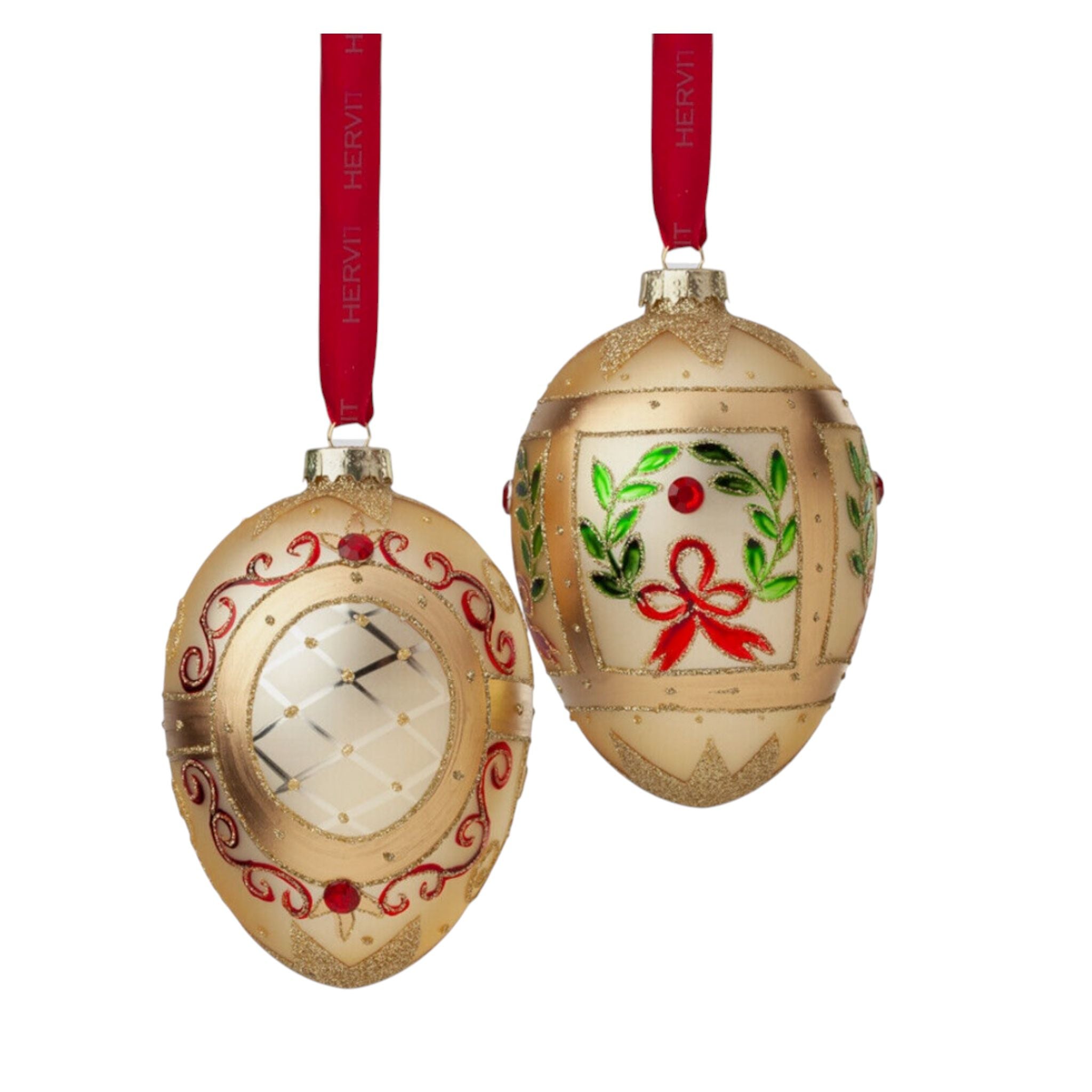 Decorazione Albero a Forma di Uovo in Vetro Oro con Dettagli Verdi e Rossi - Hervit