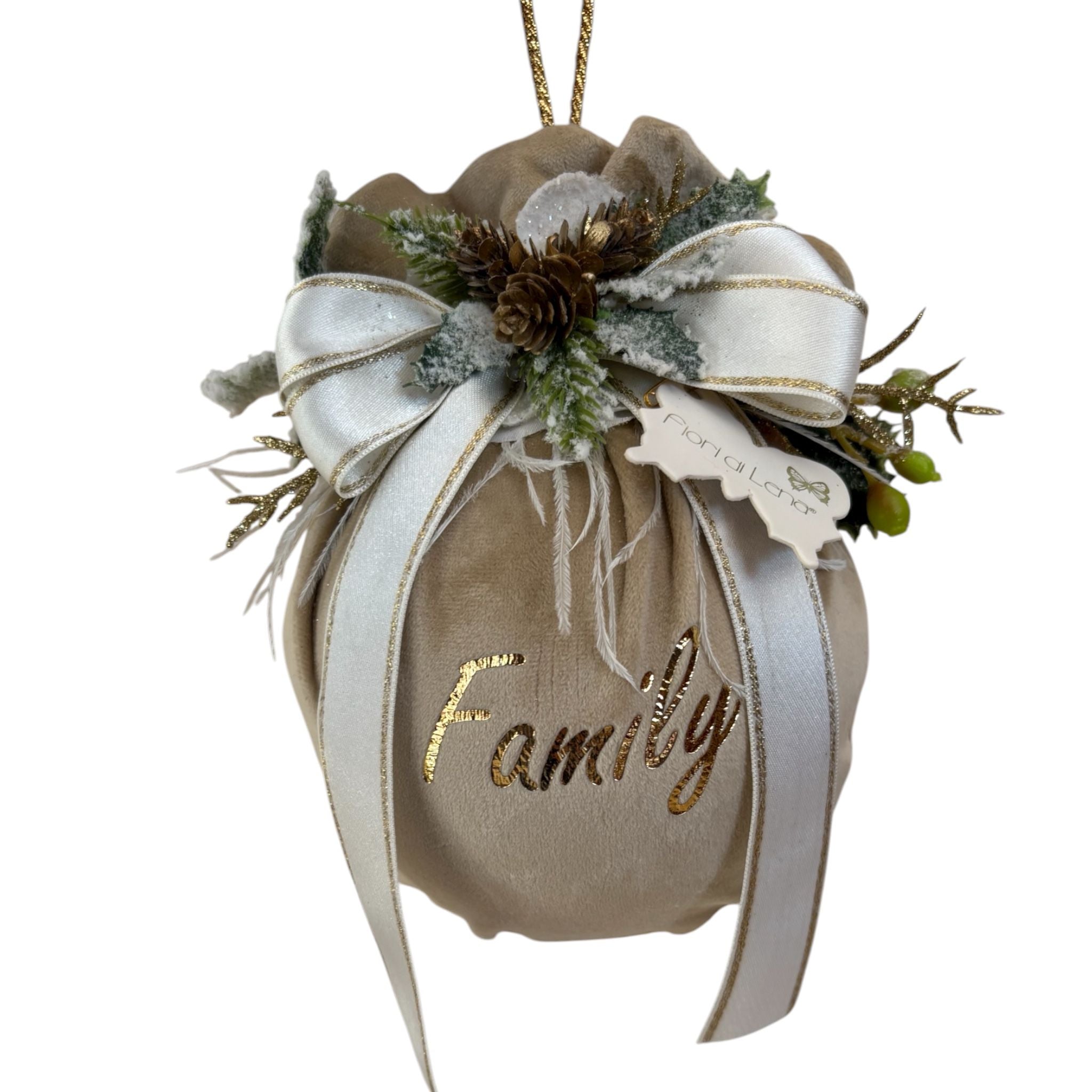 Decorazione Albero in Velluto Nocciola con Scritta Oro "Family" - Fiori di Lena