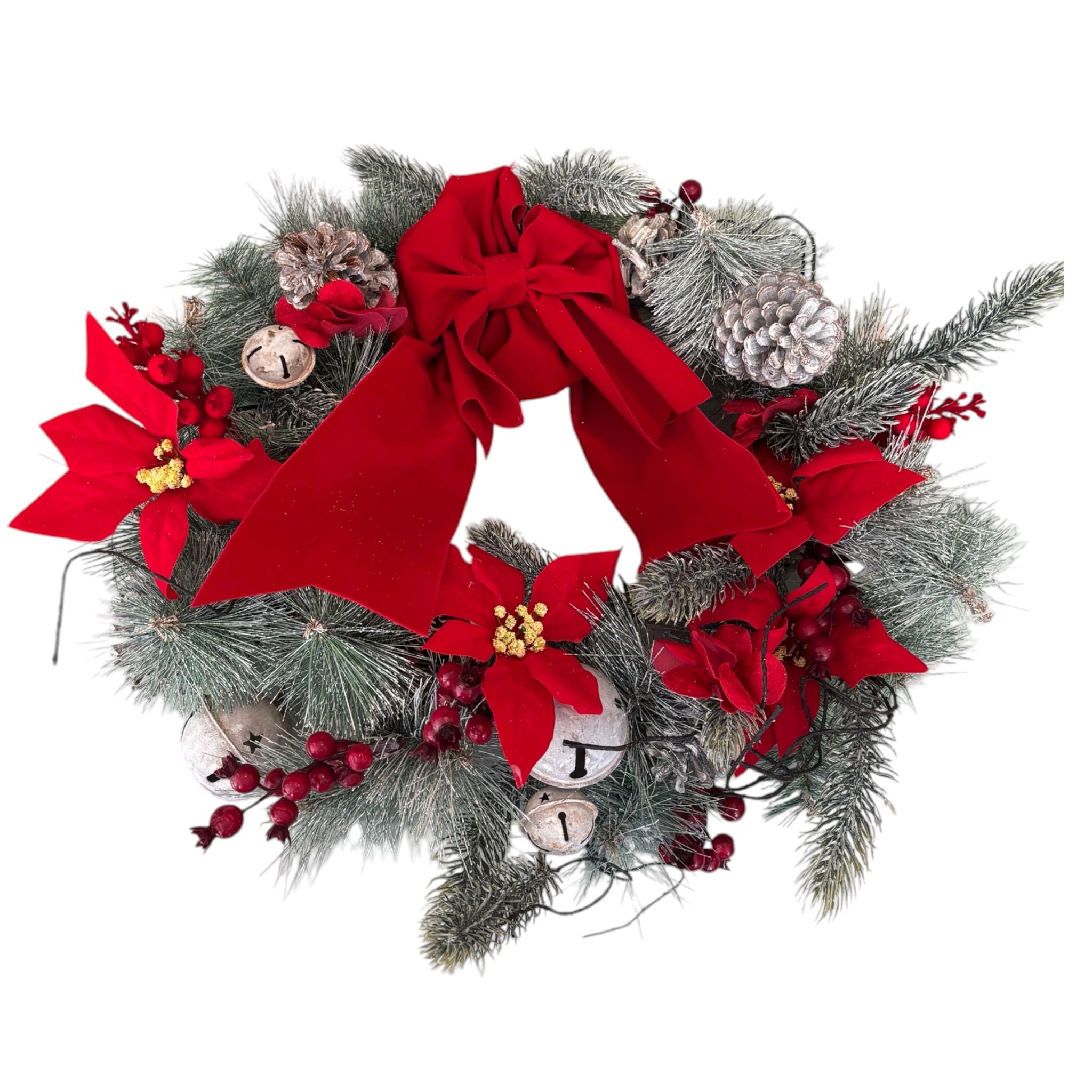 Ghirlanda Natalizia Innevata con Pigne e  Fiori in Velluto 45 cm