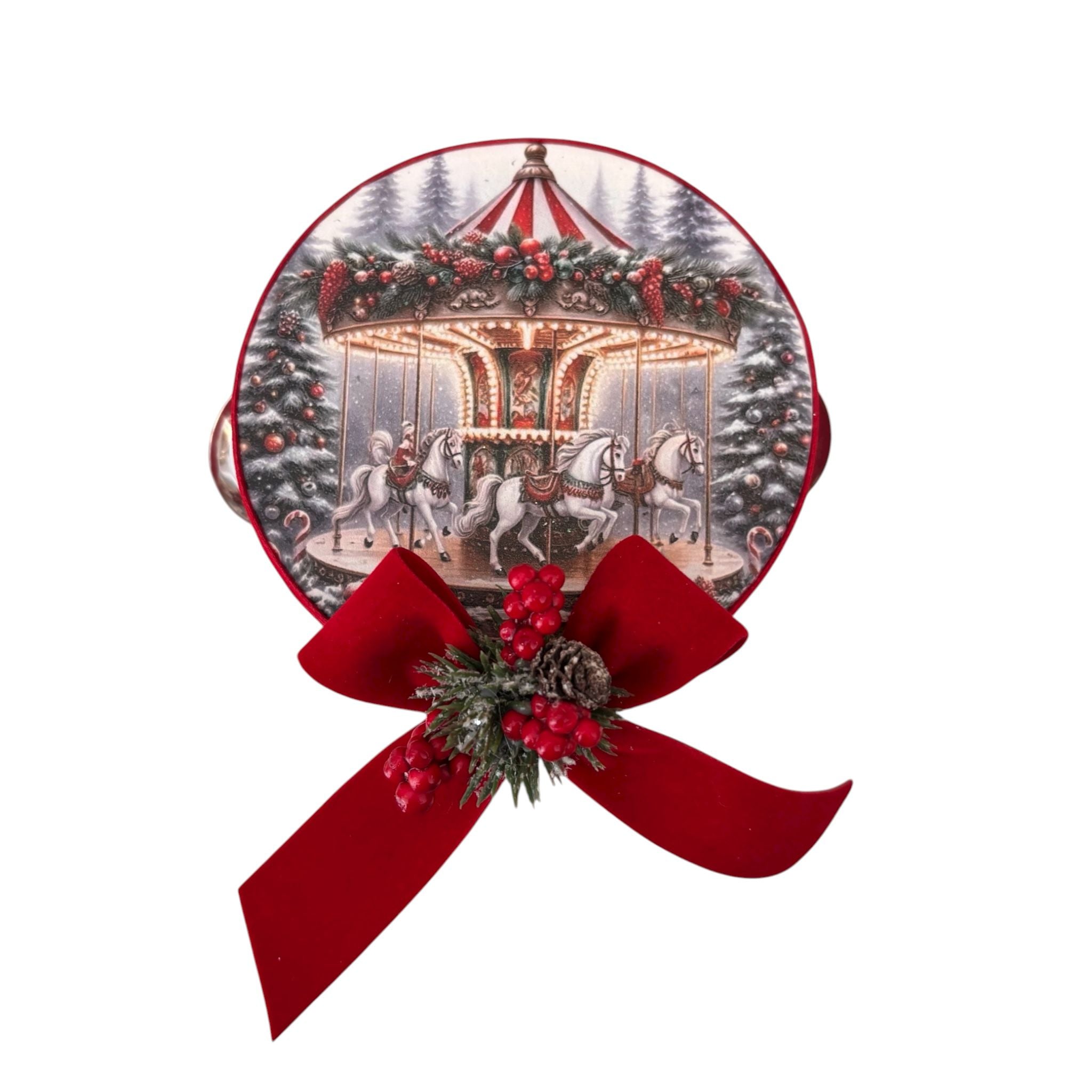 Tamburello Natalizio Artigianale con Carosello e Fiocco - Madame Maison