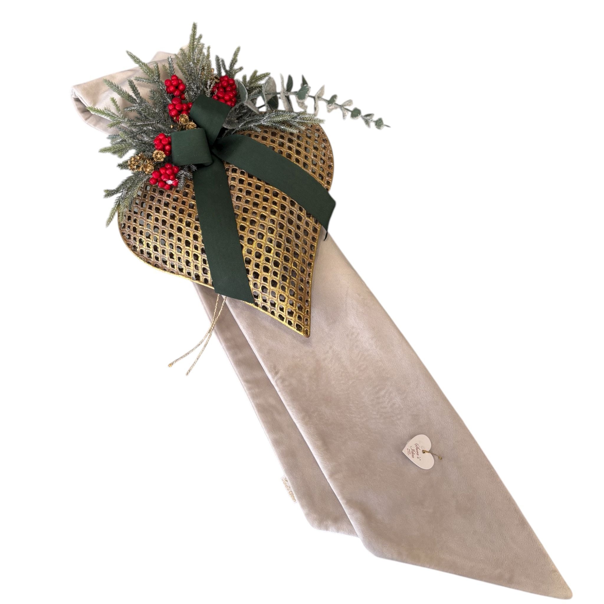 Fuoriporta Natalizio in Velluto Beige con Cuore Oro Brunito e Bacche - Sara's Idea