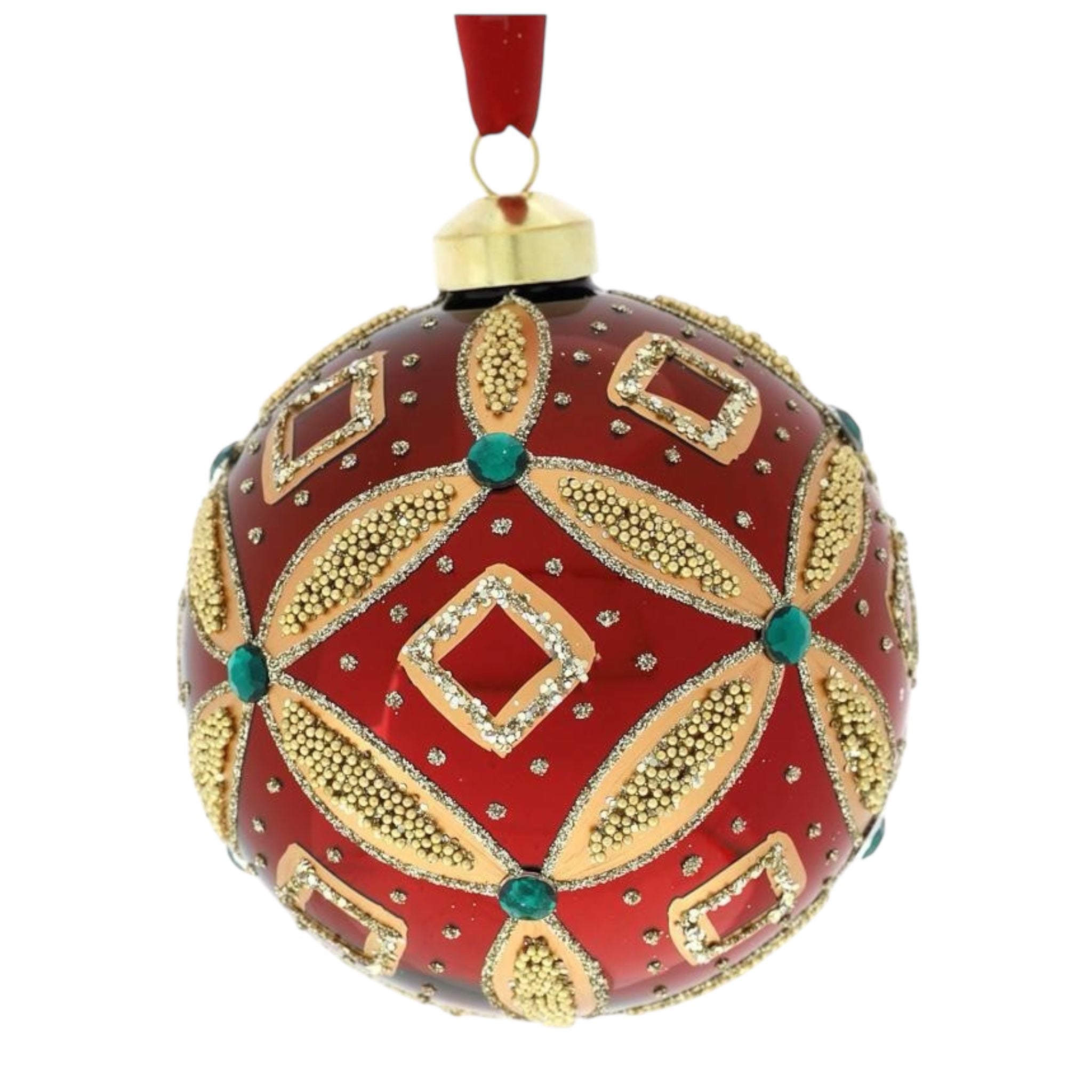 Sfera Natalizia in Vetro Rossa Ø10 cm con Perline Oro - Hervit