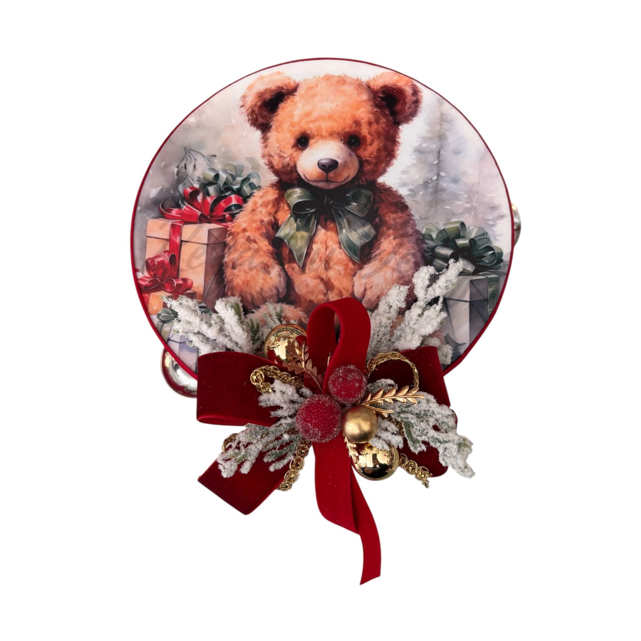 Tamburello Natalizio con Stampa Teddy Ø18 cm con Fiocco in Velluto - Madame Maison