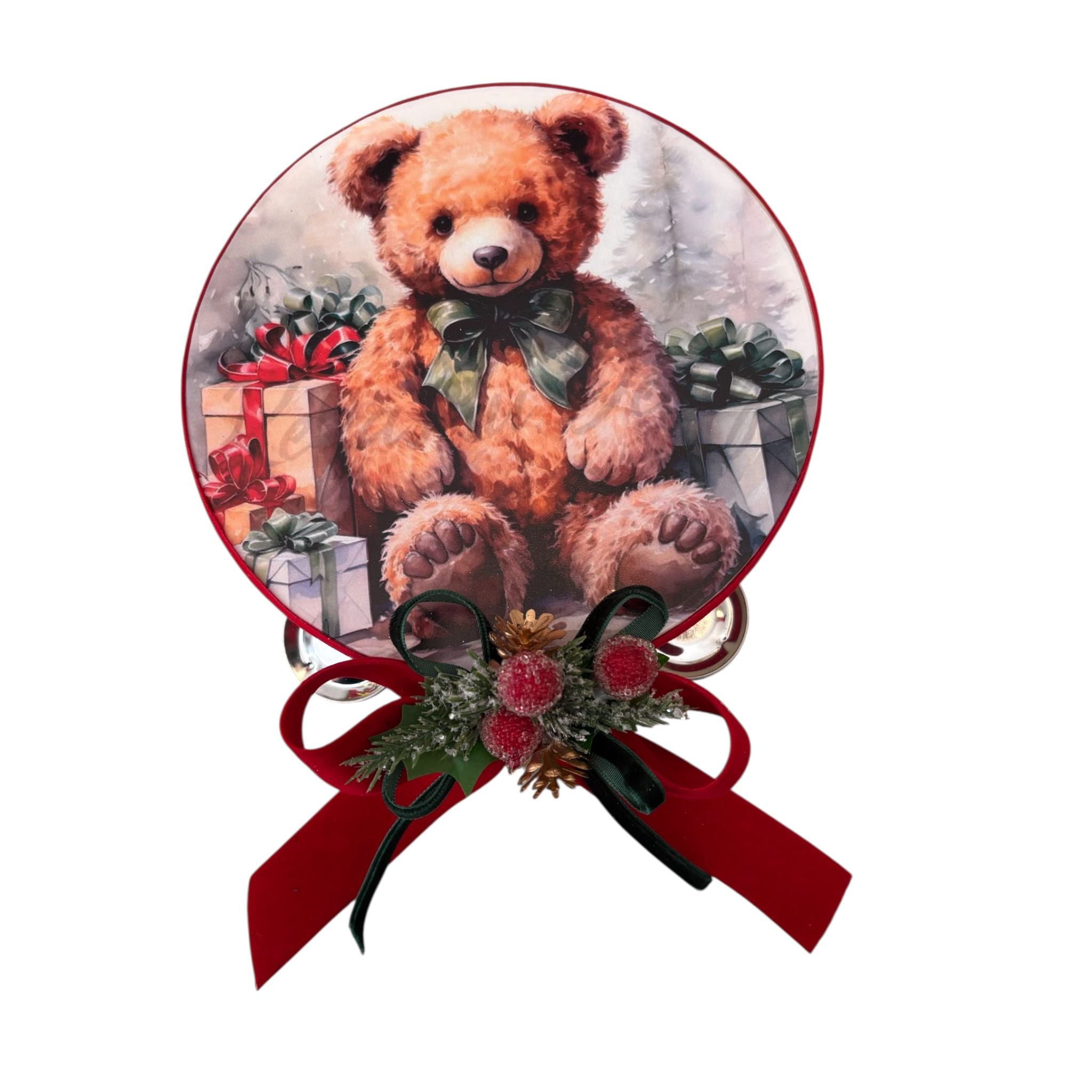 Tamburello Natalizio con Stampa Teddy Ø18 cm con Fiocco in Velluto - Madame Maison